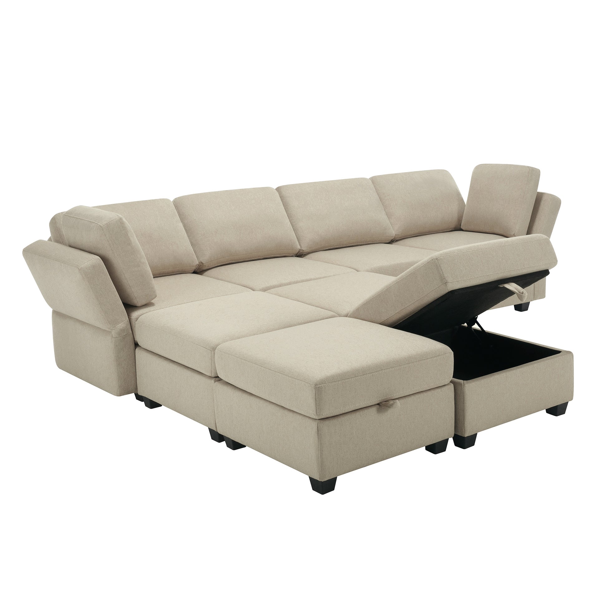 Modular Convertible U Shaped Sectional Sofa Couch With Storage Ottoman Corner Couch For Living Room, Adjustable Arms And Backs Beige Beige Polyester 4 Seat