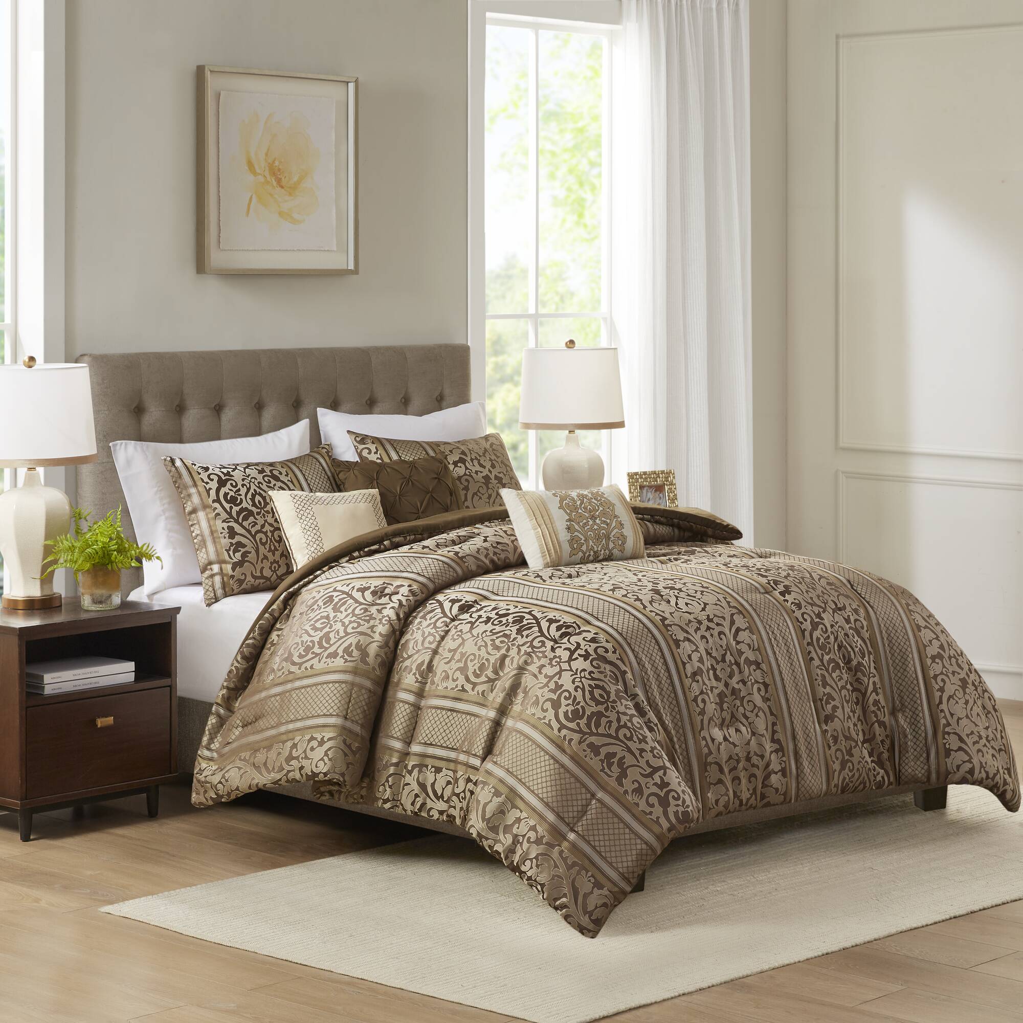 6 Piece Jacquard Comforter Set With Throw Pillows King Cal King Multicolor Polyester