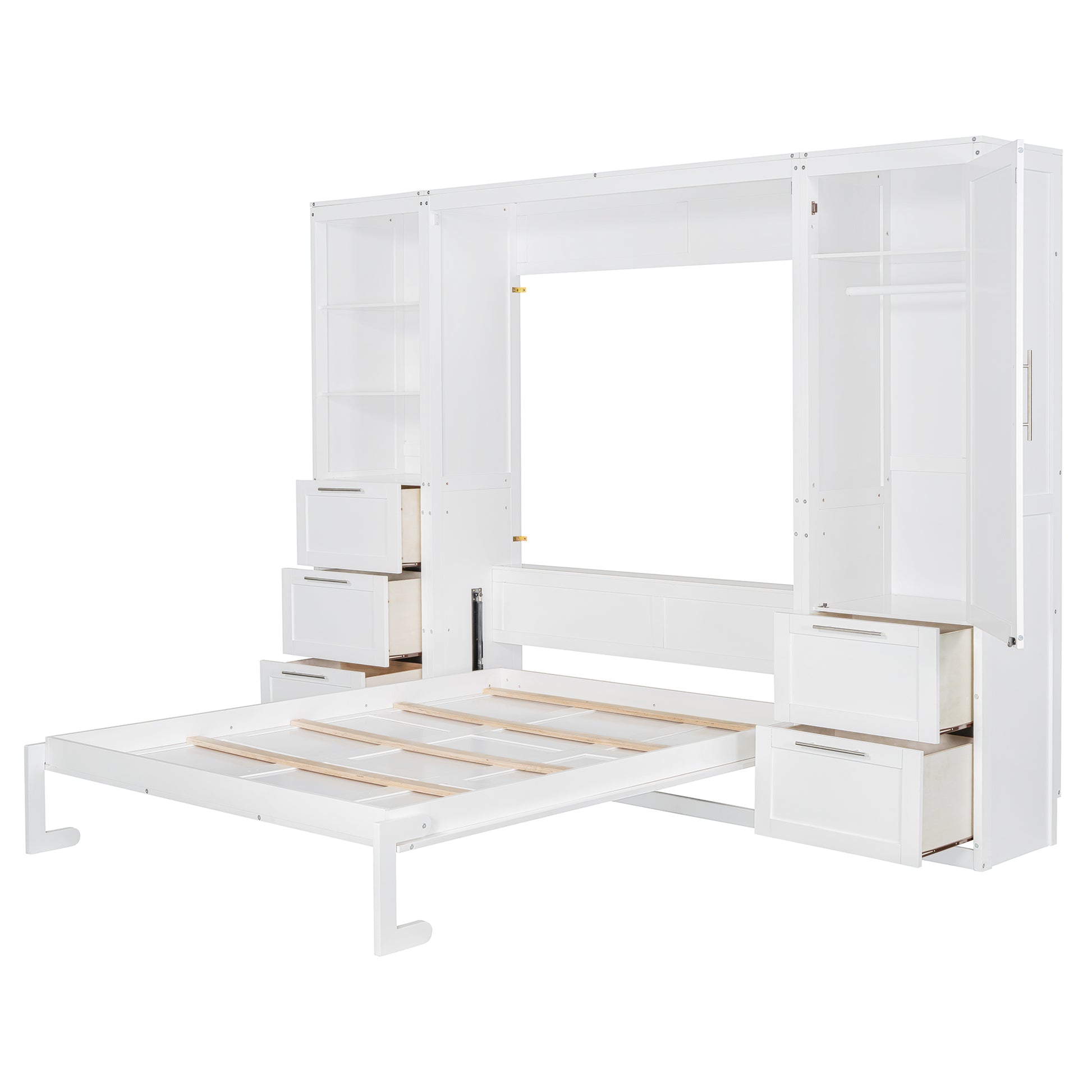 Queen Size Murphy Bed Wall Bed With Closet ,Drawers And Shelves,White Queen White Mdf Lvl