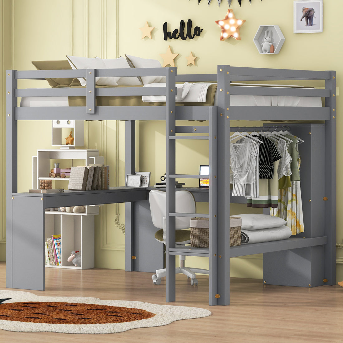 Full Size Loft Bed With L Shaped Desk, Wardrobe And Storage Shelves, Grey Expected Arrival Time: 8.31 Box Spring Not Required Full Grey Wood Bedroom Solid Wood Mdf