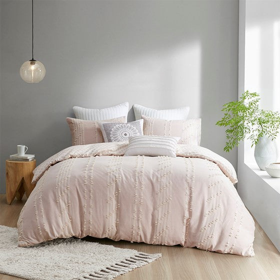 3 Piece Cotton Jacquard Duvet Cover Set Queen Pink Cotton