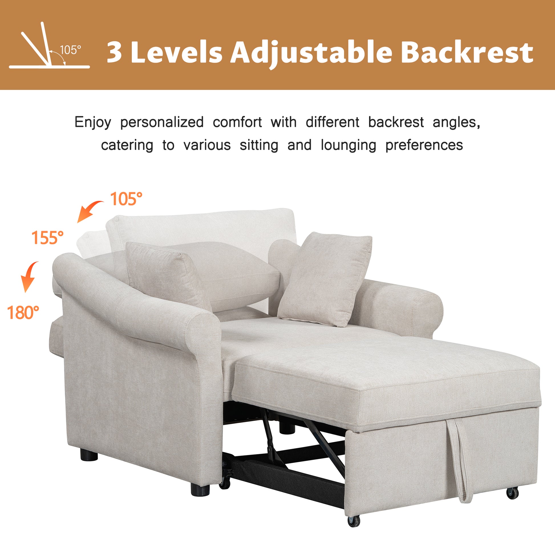 Chenille Convertible Sleeper Chair With Adjustable Backrest, 3 In 1 Lounger Chair Turns Into Bed, Single Bed For Living Room, Beige Beige Chenille
