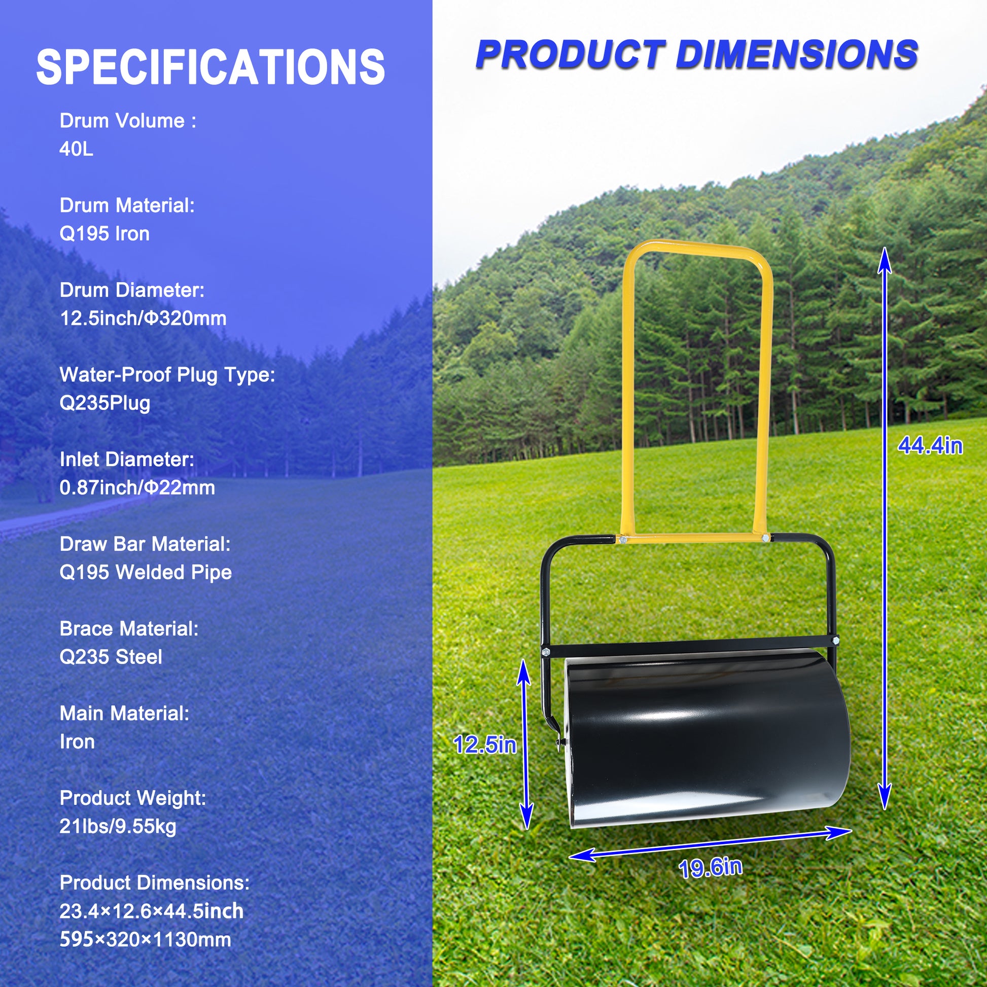 40 Litre High Capacity Lawn Roller, Can Fill Sand Water, U Shaped Ergonomic Handle, Easy To Push And Pull, Suitable For Gardens, Farms, Parks, Black Yellow Black Iron