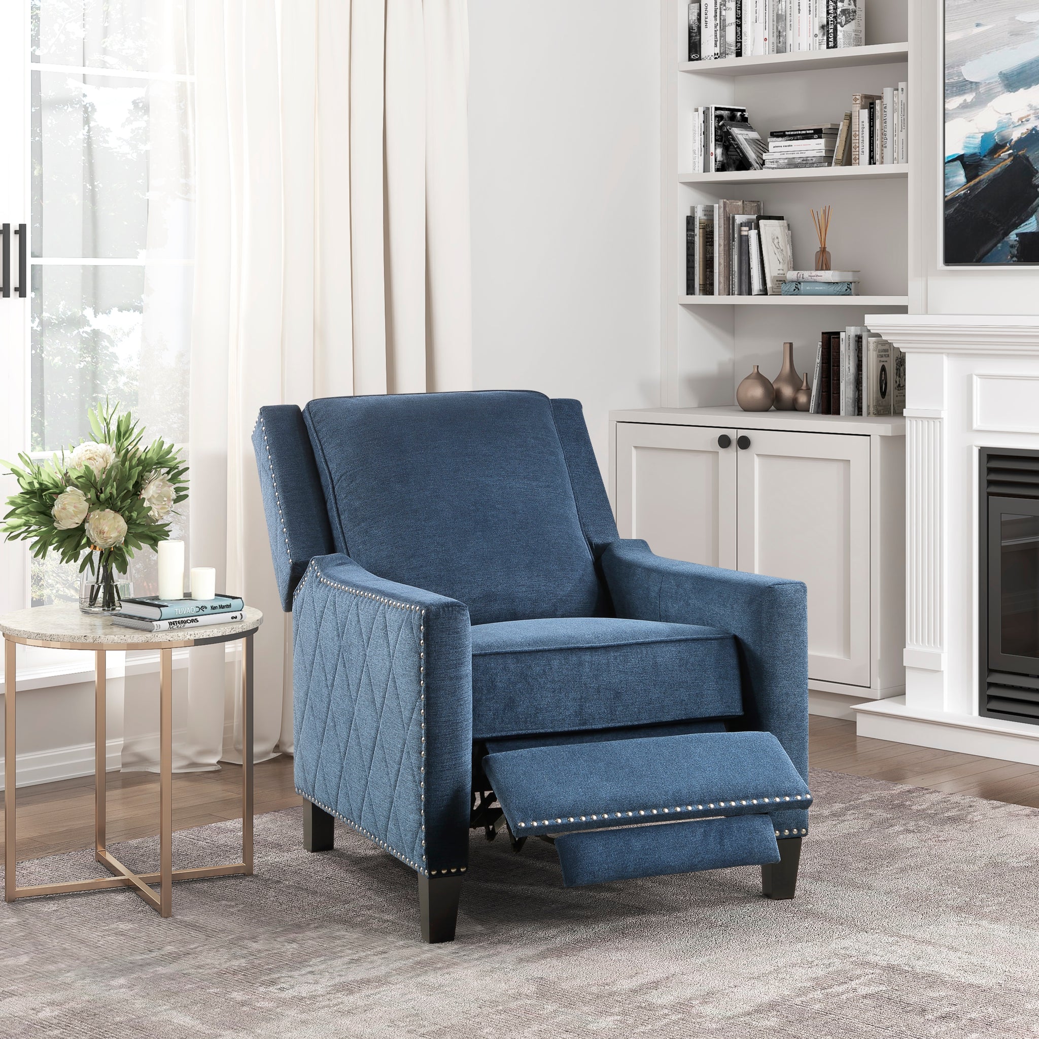 Modern Home Furniture Reclining Chair 1Pc Blue Textured Fabric Upholstered Trim Solid Wood Frame Self Reclining Motion Chair Blue Polyester Wood Modern Solid Wood