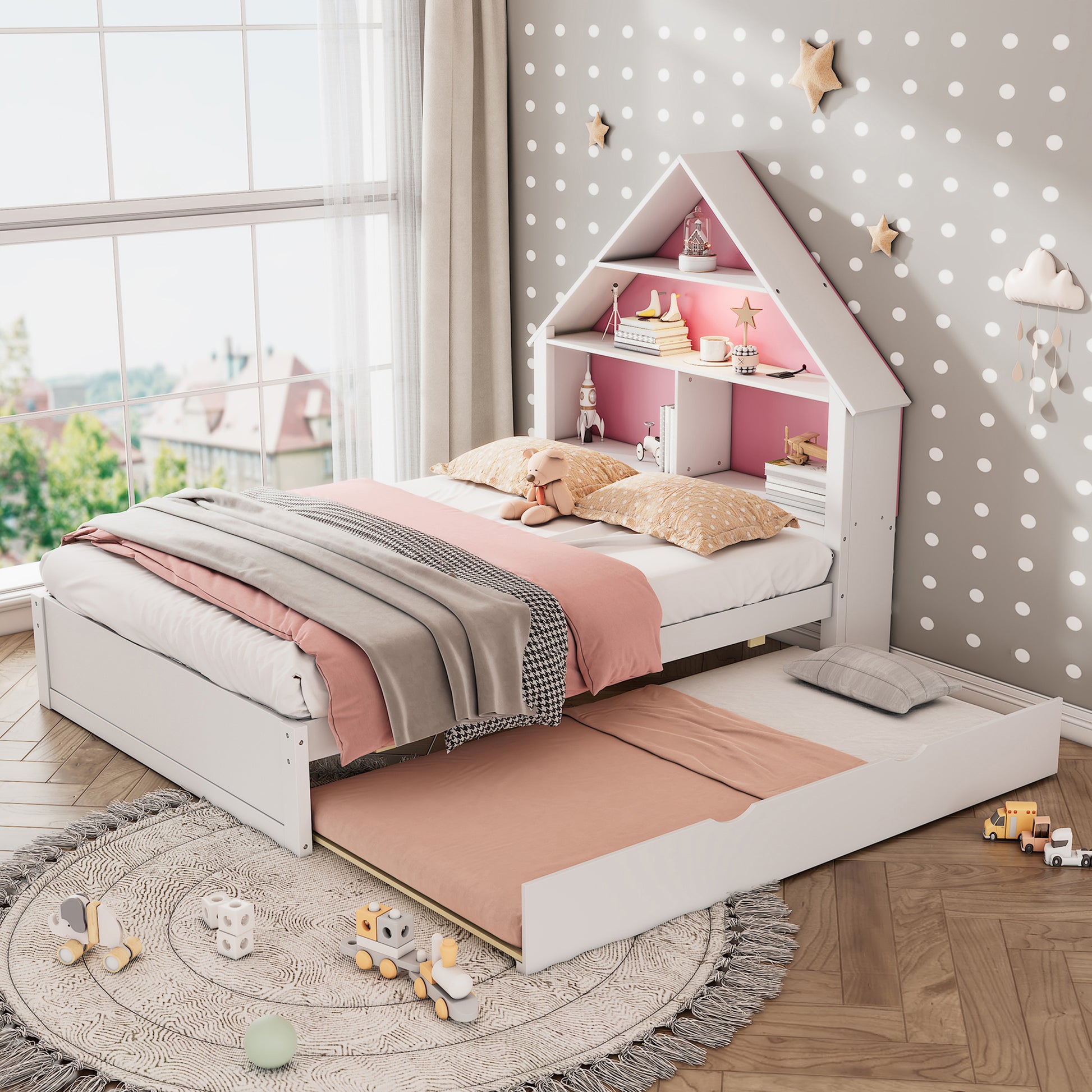 Full Size House Shaped Bed With Bookcase Headboard And Led Light And Twin Size Trundle For Kids Boys Girls, Pink White Box Spring Not Required Full White Pink Wood Bedroom Cute Bed Frame Wood