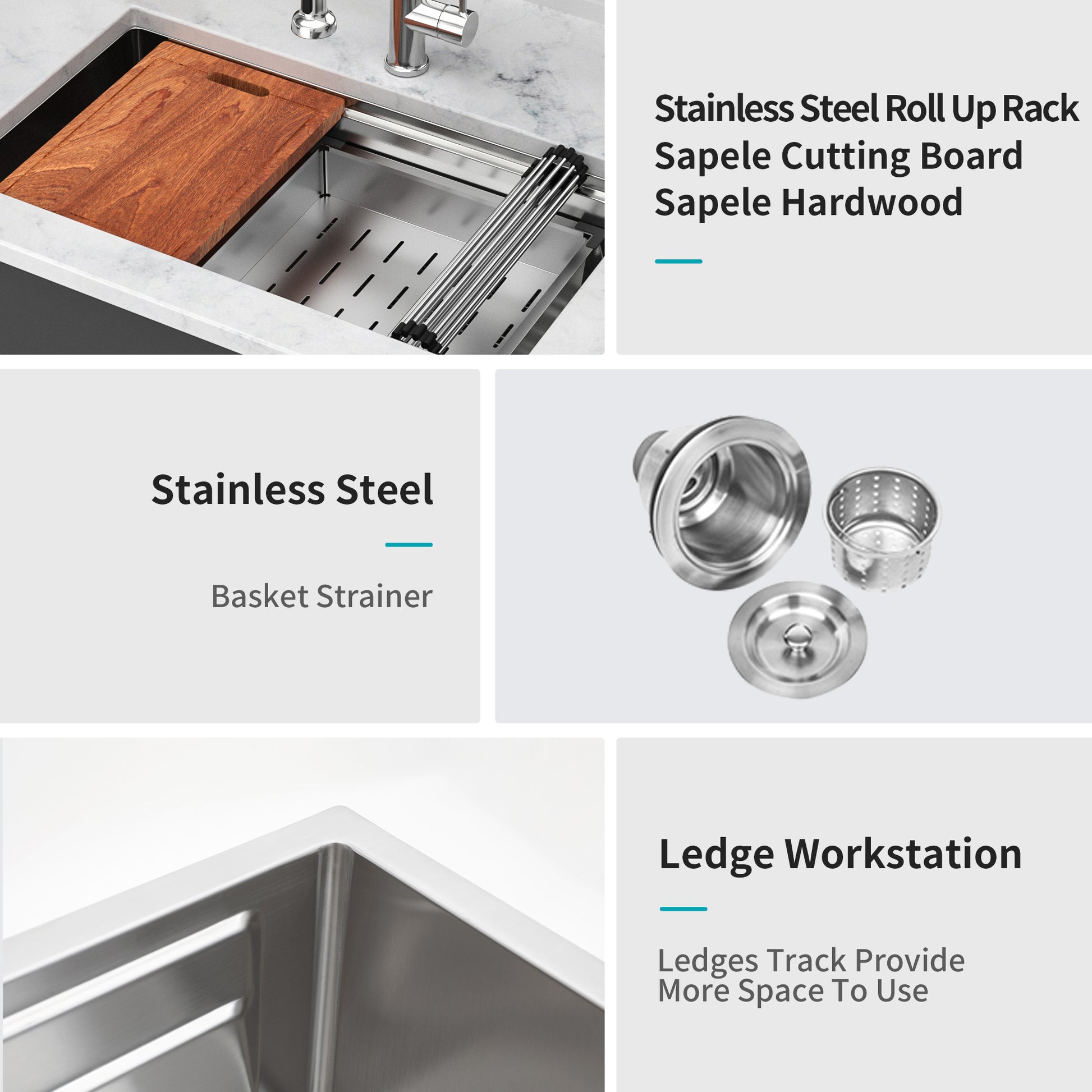 33" Undermount Kitchen Sink 33*19 Inch Single Bowl 16 Gauge Stainless Steel Ledge Workstation Kitchen Sinks Brushed Nickel Stainless Steel