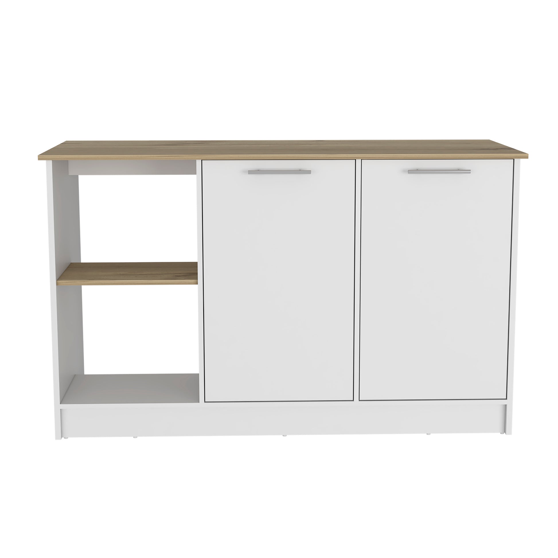 Kitchen Island With Large Countertop, Open Storage Shelves And Double Door Cabinet, White Light Oak White Solid Wood Mdf Engineered Wood