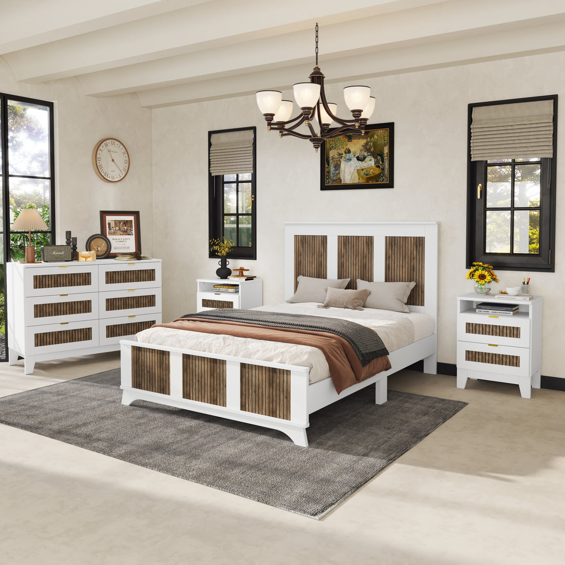 4 Pieces Bedroom Sets, Full Size Farmhouse Platform Bed With Wooden Strip Decoration, Storage Nightstand And Dresser With Metal Handle, White Full White 4 Piece Set Particle Board