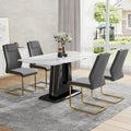 Table And Chair Set, Modern And Minimalist Dining Table, Imitation Marble Patterned Tabletop, Mdf Legs With U Shaped Brackets. Paired With Comfortable Chairs, Suitable For Dining And Living Rooms. Black Gold Mdf Glass