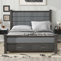Queen Size Wood Frame Platform Bed With Upholstered Headboard, Footboard And 2 Drawers, Antique Gray Box Spring Not Required Queen Antique Gray Wood Bed Frame Solid Wood Mdf