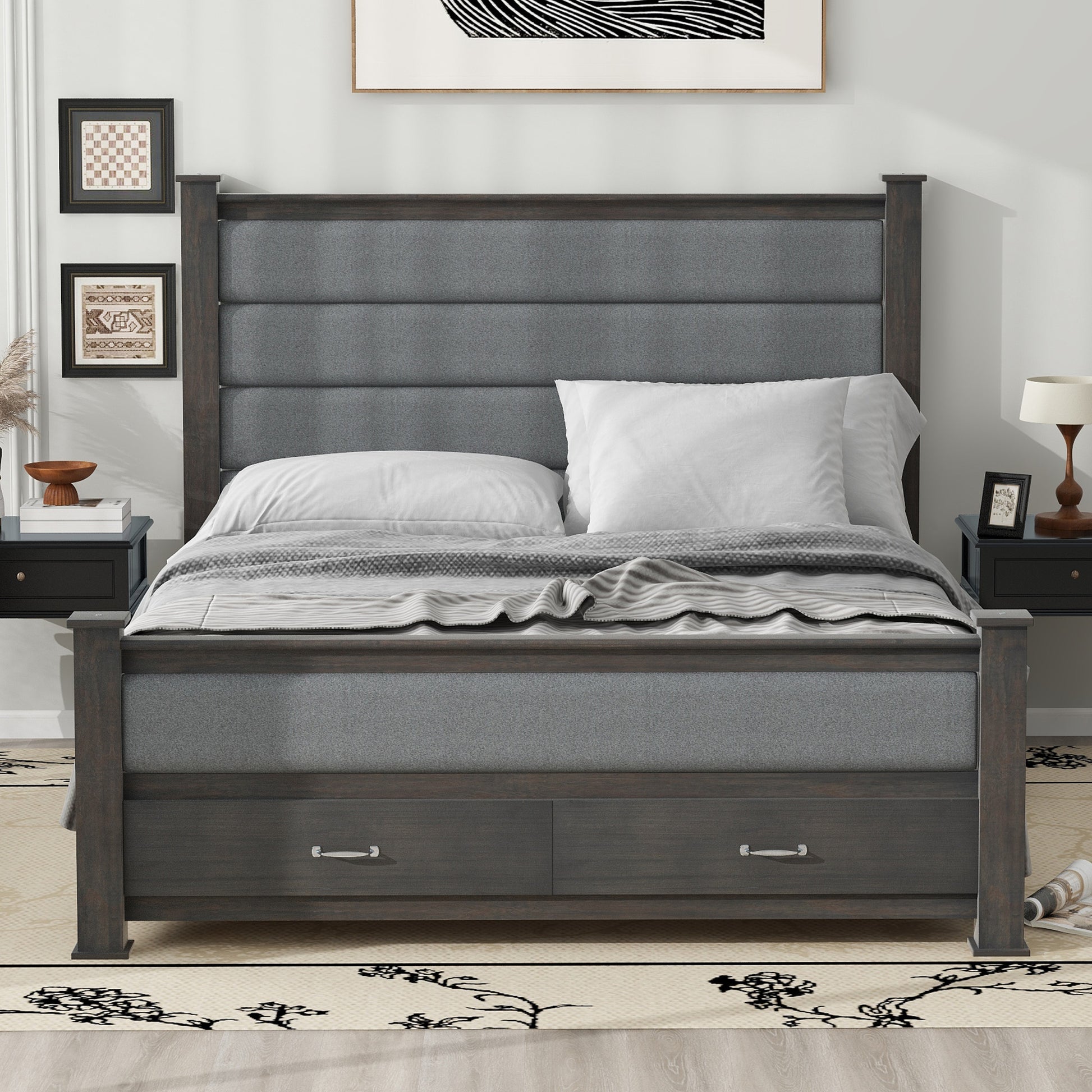 Queen Size Wood Frame Platform Bed With Upholstered Headboard, Footboard And 2 Drawers, Antique Gray Box Spring Not Required Queen Antique Gray Wood Bed Frame Solid Wood Mdf