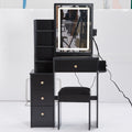 Small Size Left Bedside Cabinet Vanity Table Cushioned Stool, 2 Ac 2 Usb Power Station, Hair Dryer Bracket, Extra Large Touch Control Sliding Led Mirror, Tri Color Switching, Epa,Gcc,Ul Certificate