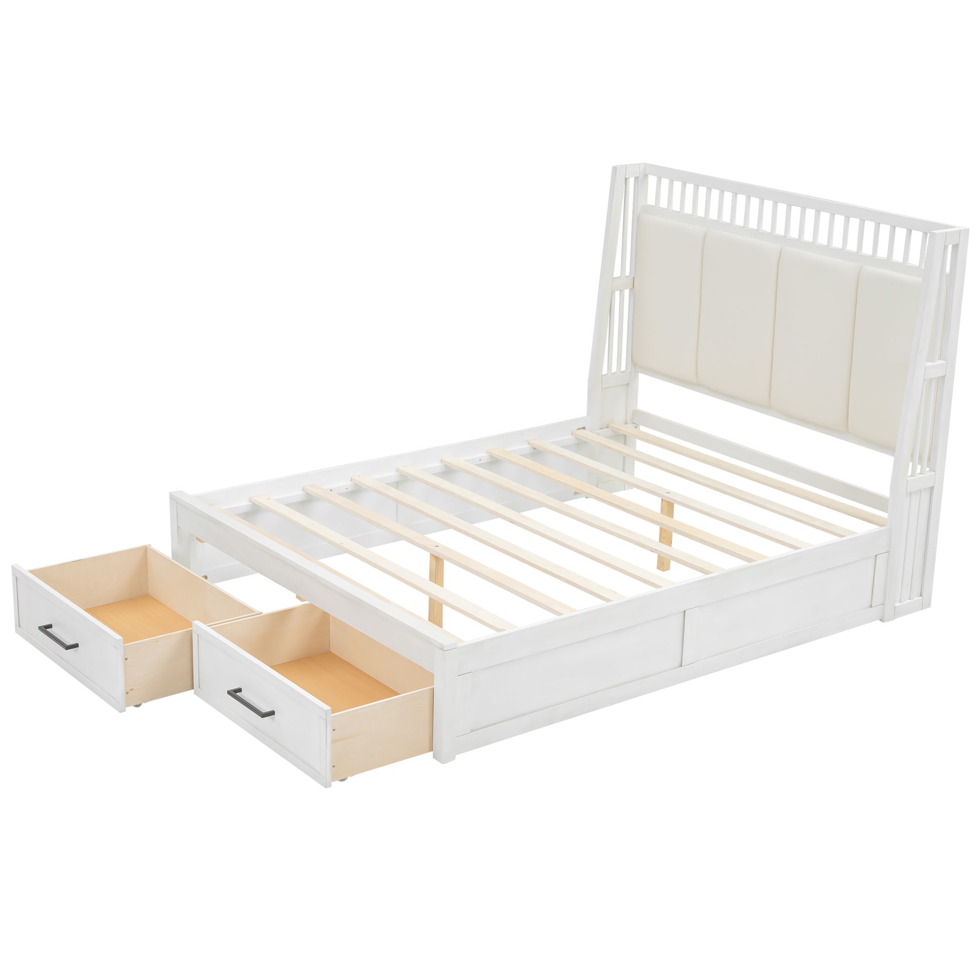 Queen Size Wood Platform Bed With Upholstered Headboard And 2 Drawers, Antique White Box Spring Not Required Queen White Wood Bed Frame Solid Wood Mdf