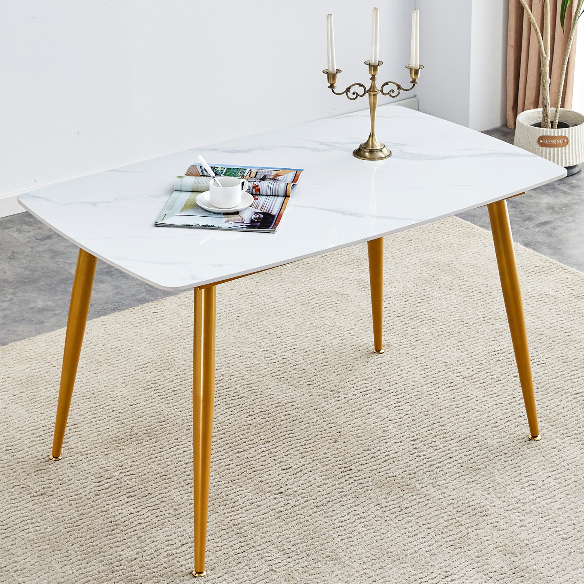 Modern Minimalist Dining Table. White Imitation Marble Patterned Stone Burning Tabletop With Golden Metal Legs. 50 "* 30" * 30 "F 001 Gold Sintered Stone