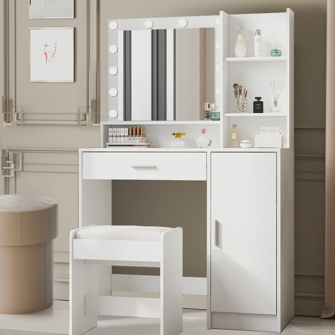Vanity Desk With Mirror & Light, Large Drawer Three Level Storage Dresser, 3 Lighting Modes Adjustable Brightness, Bedroom Dressing Table White With Stool White Particle Board