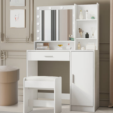 Vanity Desk With Mirror & Light, Large Drawer Three Level Storage Dresser, 3 Lighting Modes Adjustable Brightness, Bedroom Dressing Table White With Stool White Particle Board