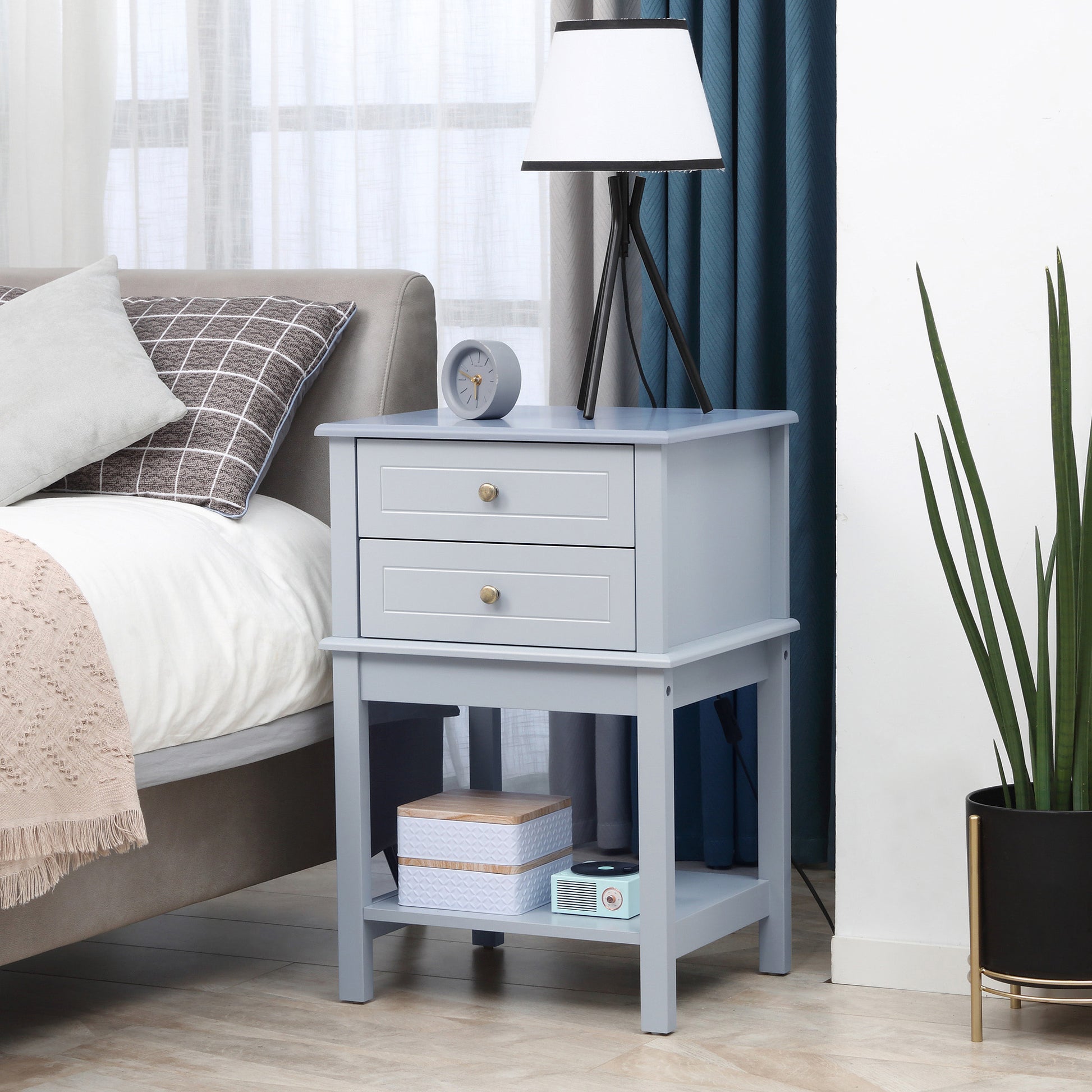 Homcom Side Table With 2 Storage Drawers, Modern End Table With Bottom Shelf For Living Room, Home Office, Light Gray Light Grey Mdf