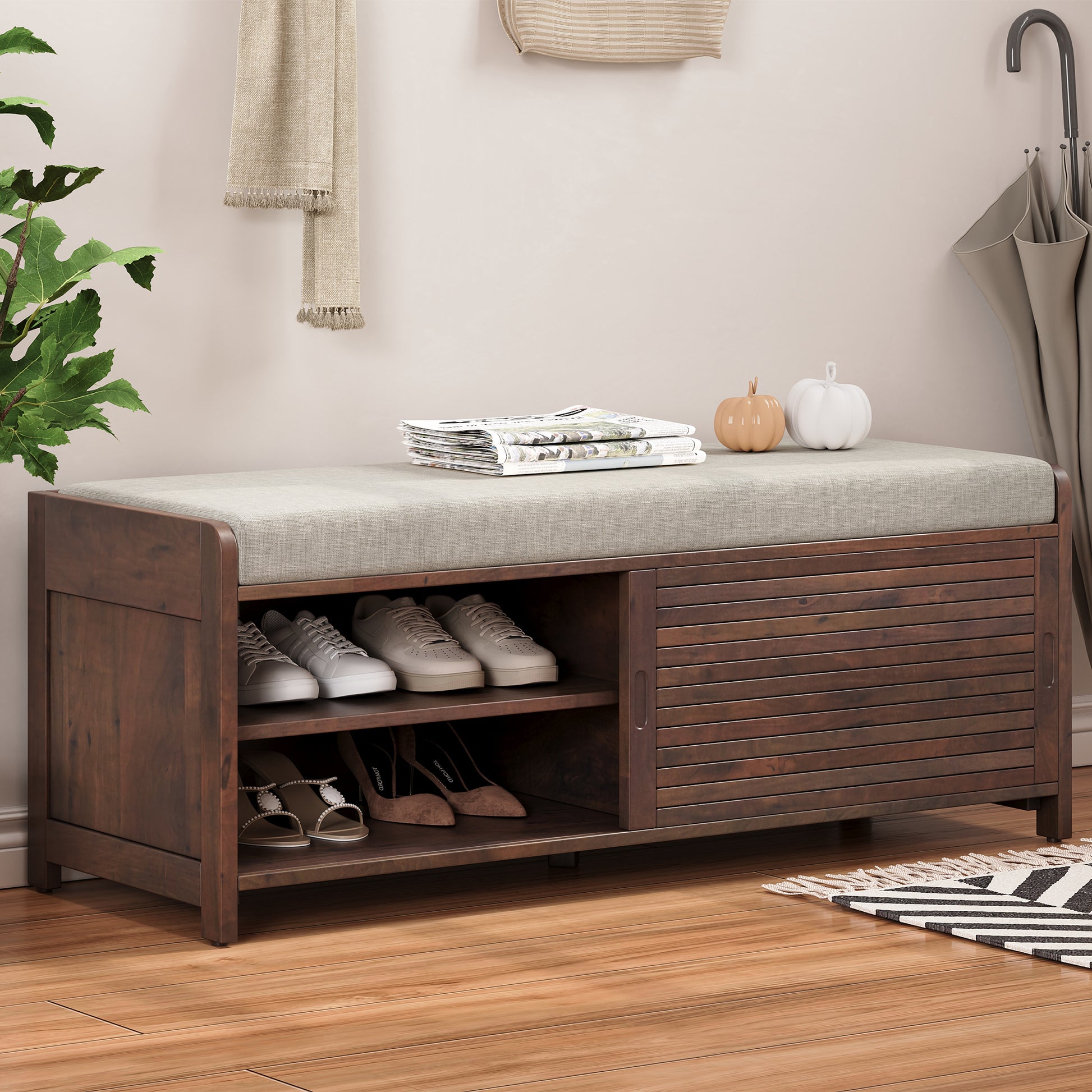 Distressed Shutter Storage Bench With Acacia Veneer For Retro Charm For Living Room, Entryway Espresso Espresso Mdf