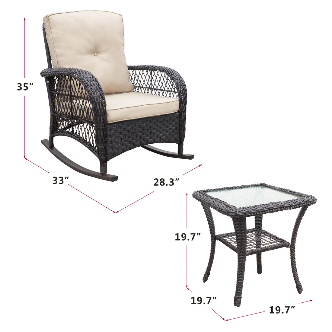 3 Pieces Conversation Set, Outdoor Wicker Rocker Patio Bistro Set, Rocking Chair With Glass Top Side Table Yes Complete Patio Set Brown Beige Seats 2 Weather Resistant Frame Fade Resistant Cushion Garden & Outdoor Retro,Vintage Complete Patio Sets Rattan