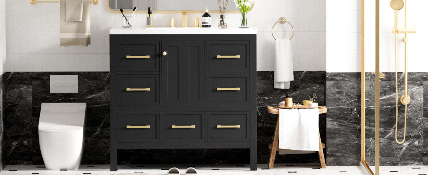 36'' Bathroom Vanity With Resin Sink Combo, Solid Wood Frame Bathroom Storage Cabinet, Freestanding Vanity Set With 5 Drawers& Soft Closing Doors Same As Sw000142Aab Black Bathroom Solid Wood Mdf Resin