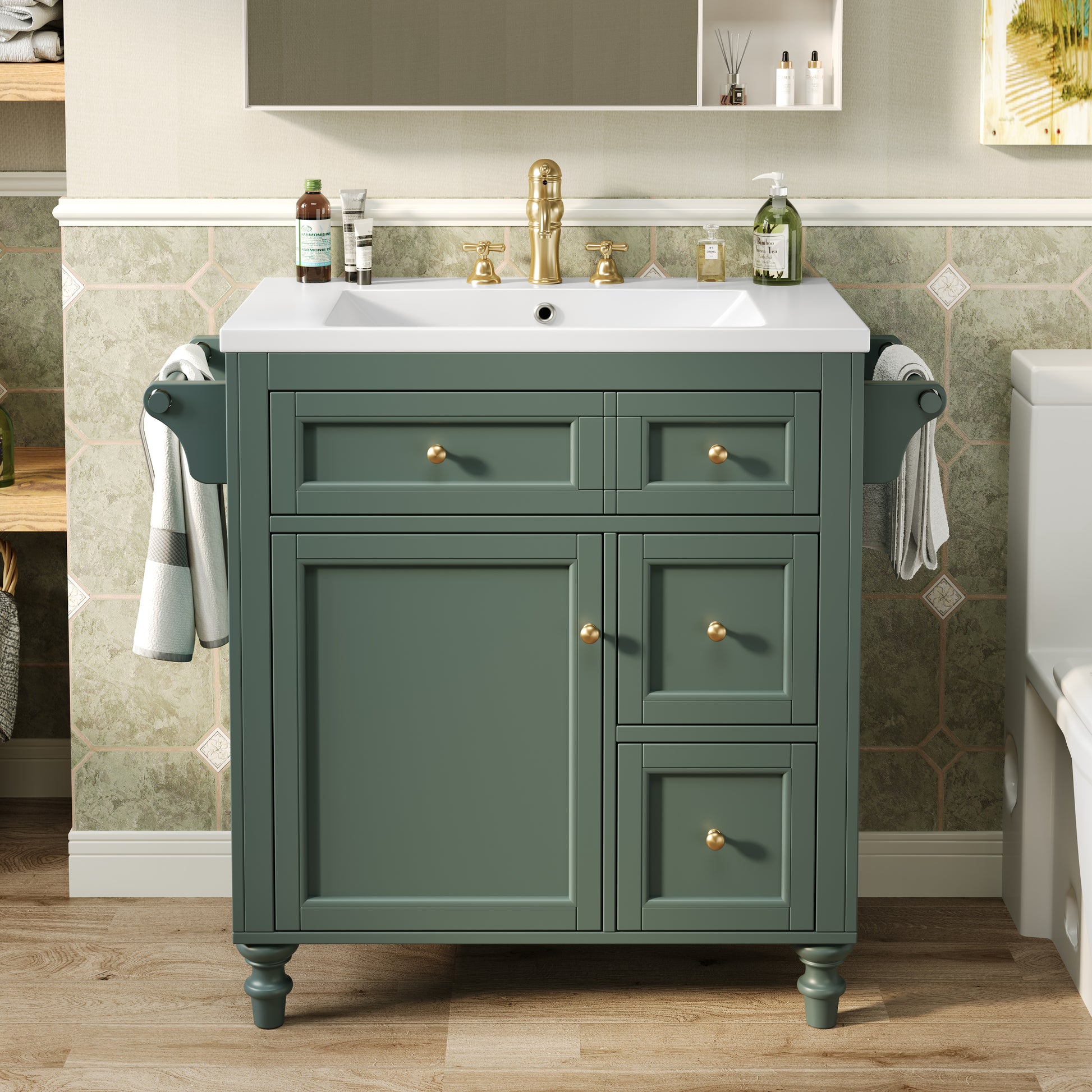 30'' Bathroom Vanity With Top Sink, Modern Bathroom Storage Cabinet With 2 Drawers And A Tip Out Drawer, Single Sink Bathroom Vanity Same As Sw000143Aaf Green Bathroom Modern Solid Wood Mdf Resin