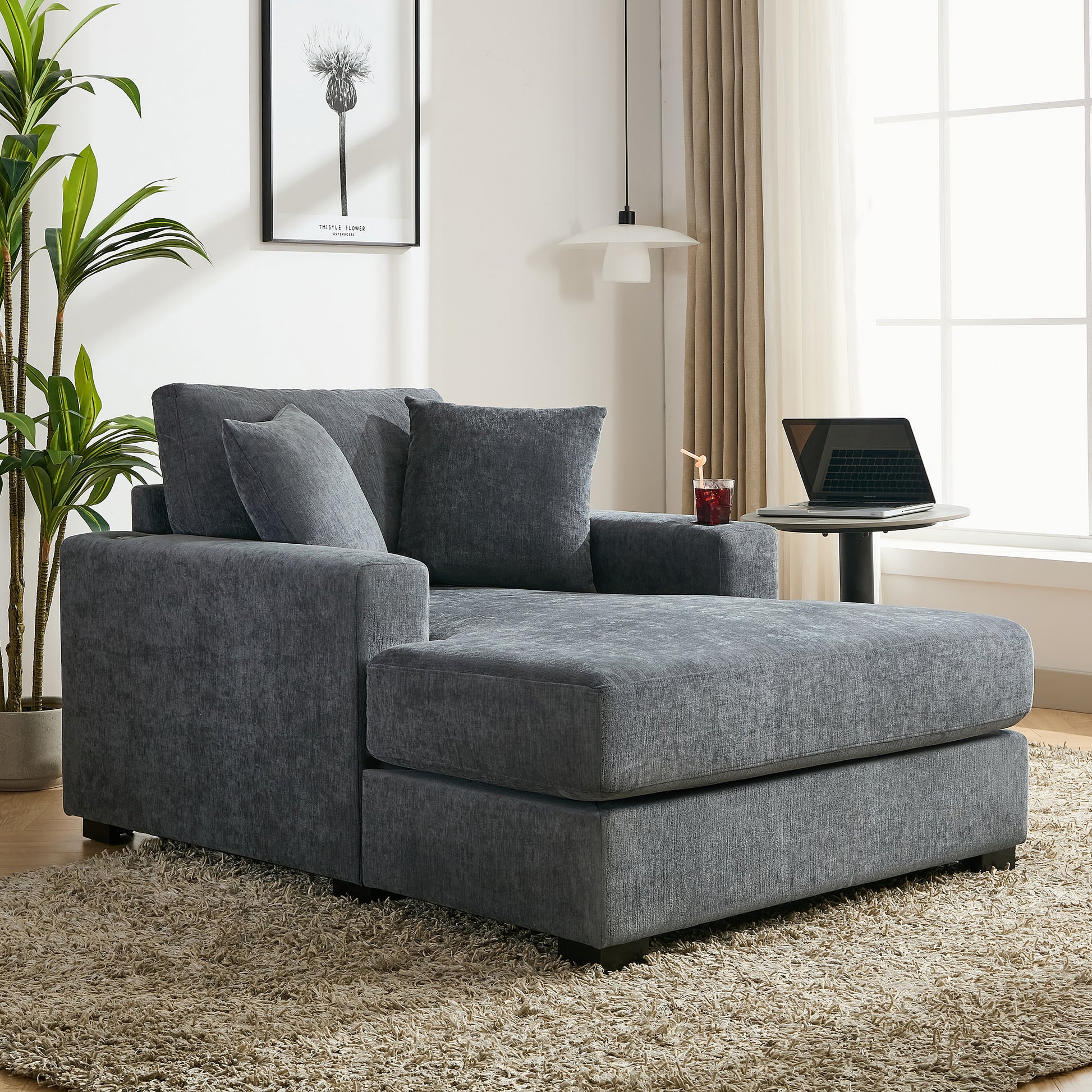 43.5" Oversized Chaise Lounger Modern Style Sofa Couch ,With Pillows, Charge Station & Cup Holders, Chenille Fabric, Blue Gray Blue Gray Chenille