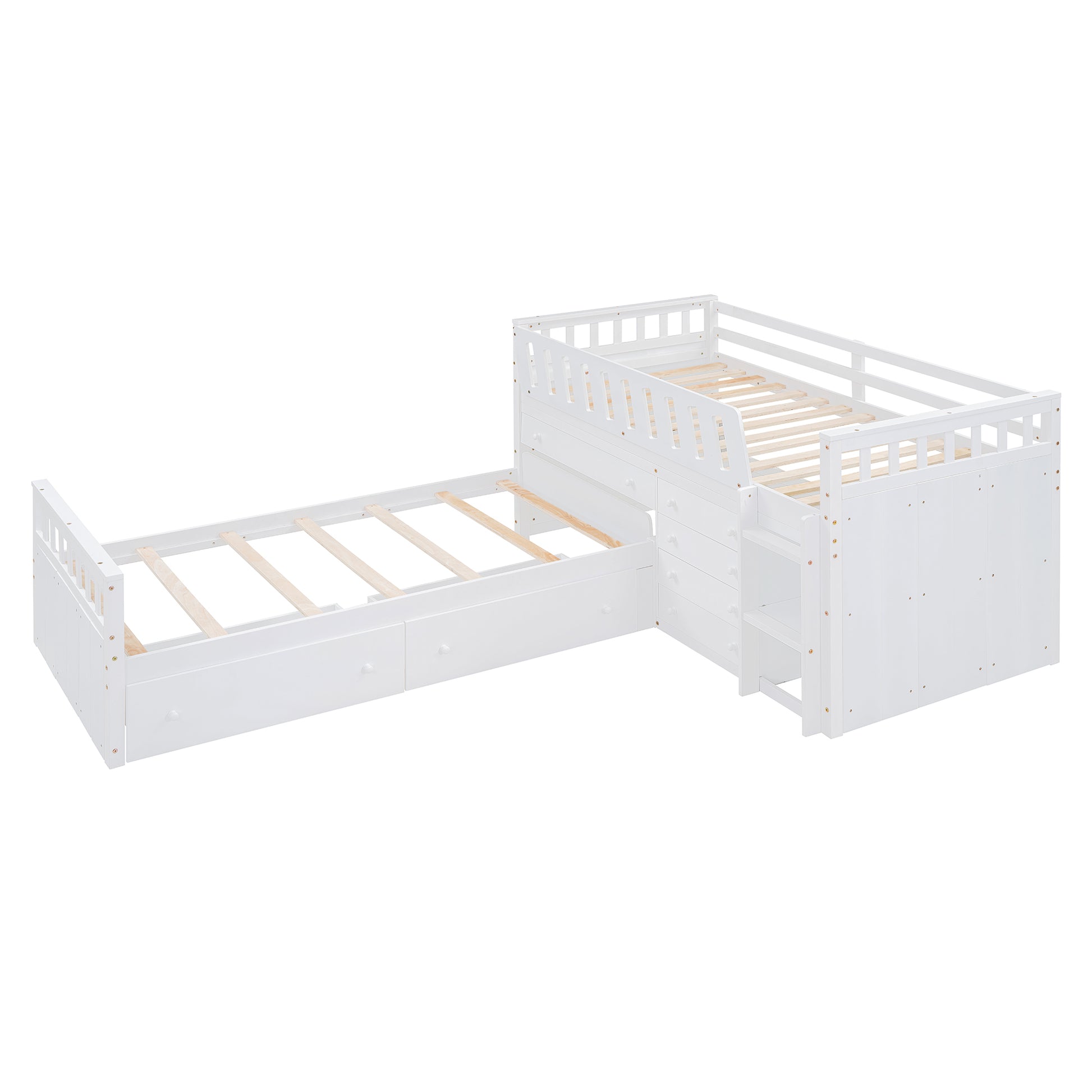 L Shaped Space Saving Twin Loft And Twin Platform Bed With 7 Drawers And Full Guardrails White Twin White Solid Wood