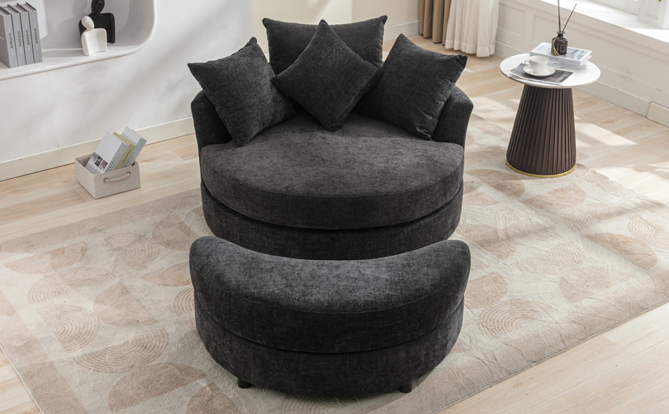 Orisfur. 360 Swivel Accent Barrel Chair With Storage Ottoman & 4 Pillows, Modern Chenille Leisure Chair Round Accent For Living Room, Gray Gray Foam Chenille