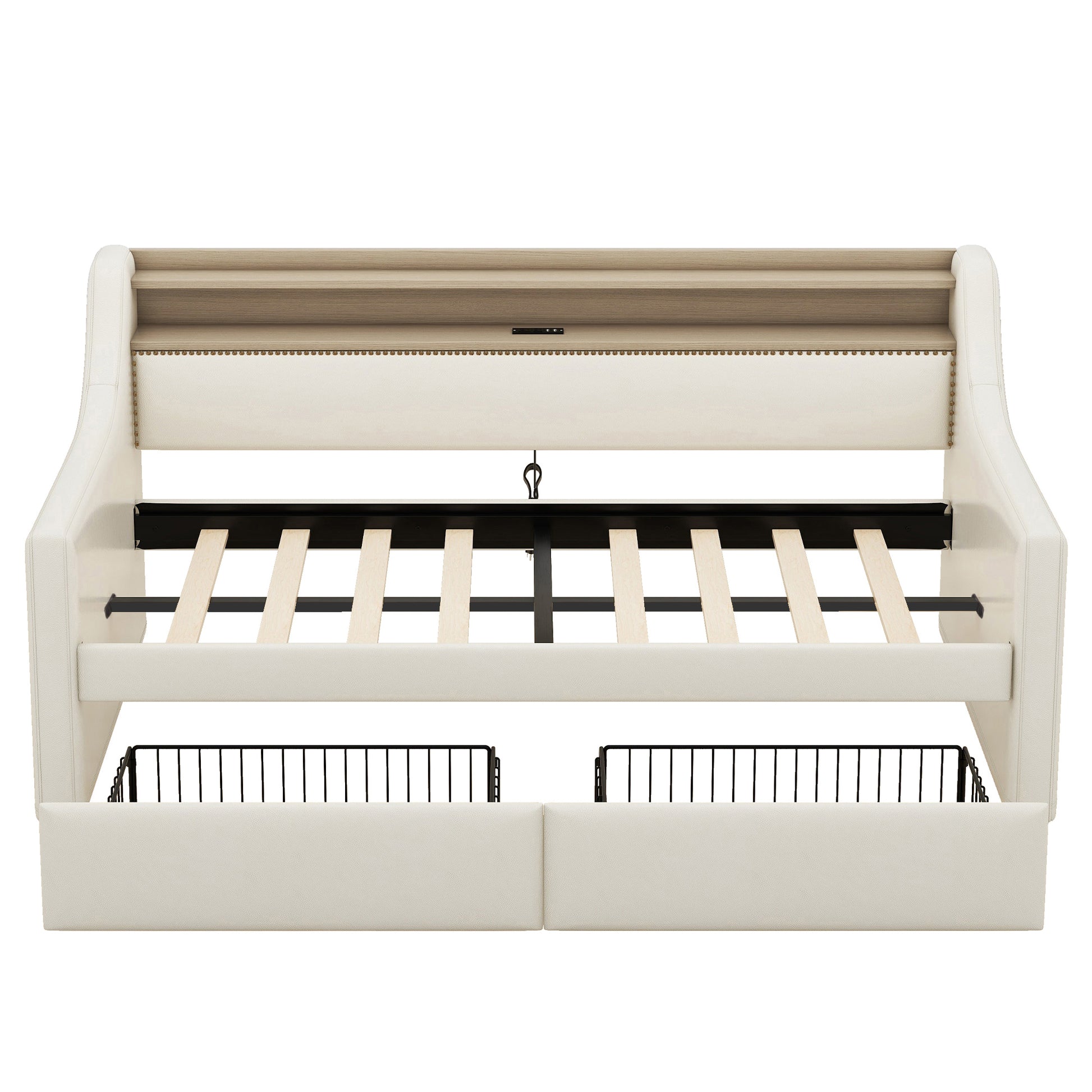 Twin Size Daybed With Storage Drawers, Upholstered Daybed With Charging Station And Led Lights, Beige Old Item W1580S00022 Twin Beige Pu Leather