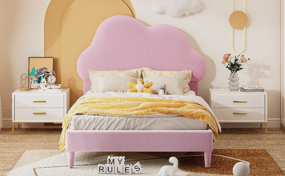 Twin Size Upholstered Cloud Shape Bed ,Velvet Platform Bed With Headboard,No Box Spring Needed,Pink Twin Pink Velvet
