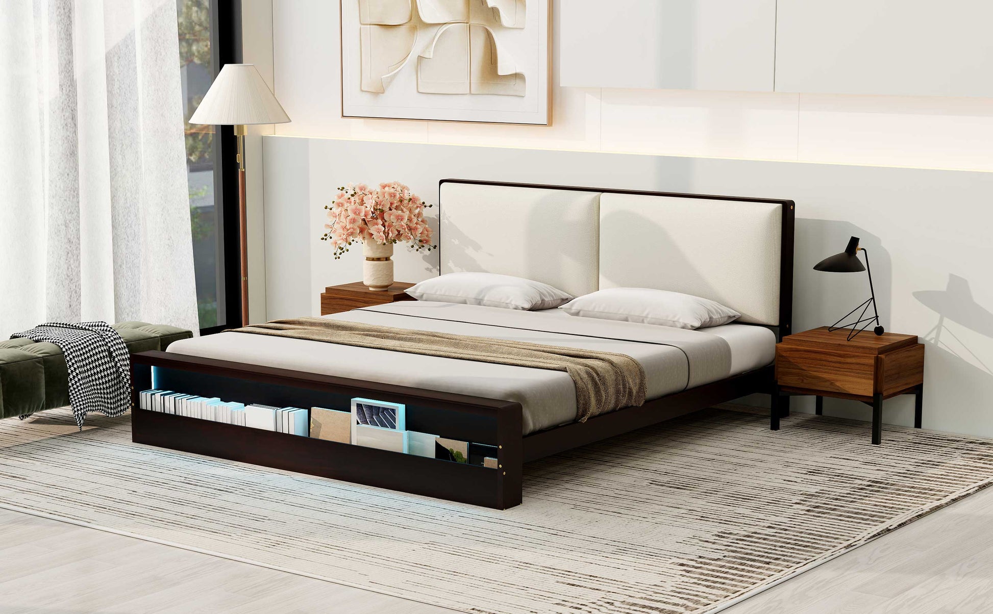 King Size Platform Bed Frame With Upholstery Headboard And Bookshelf In Footboard And Led Light Strips, Espresso King Espresso Solid Wood Mdf