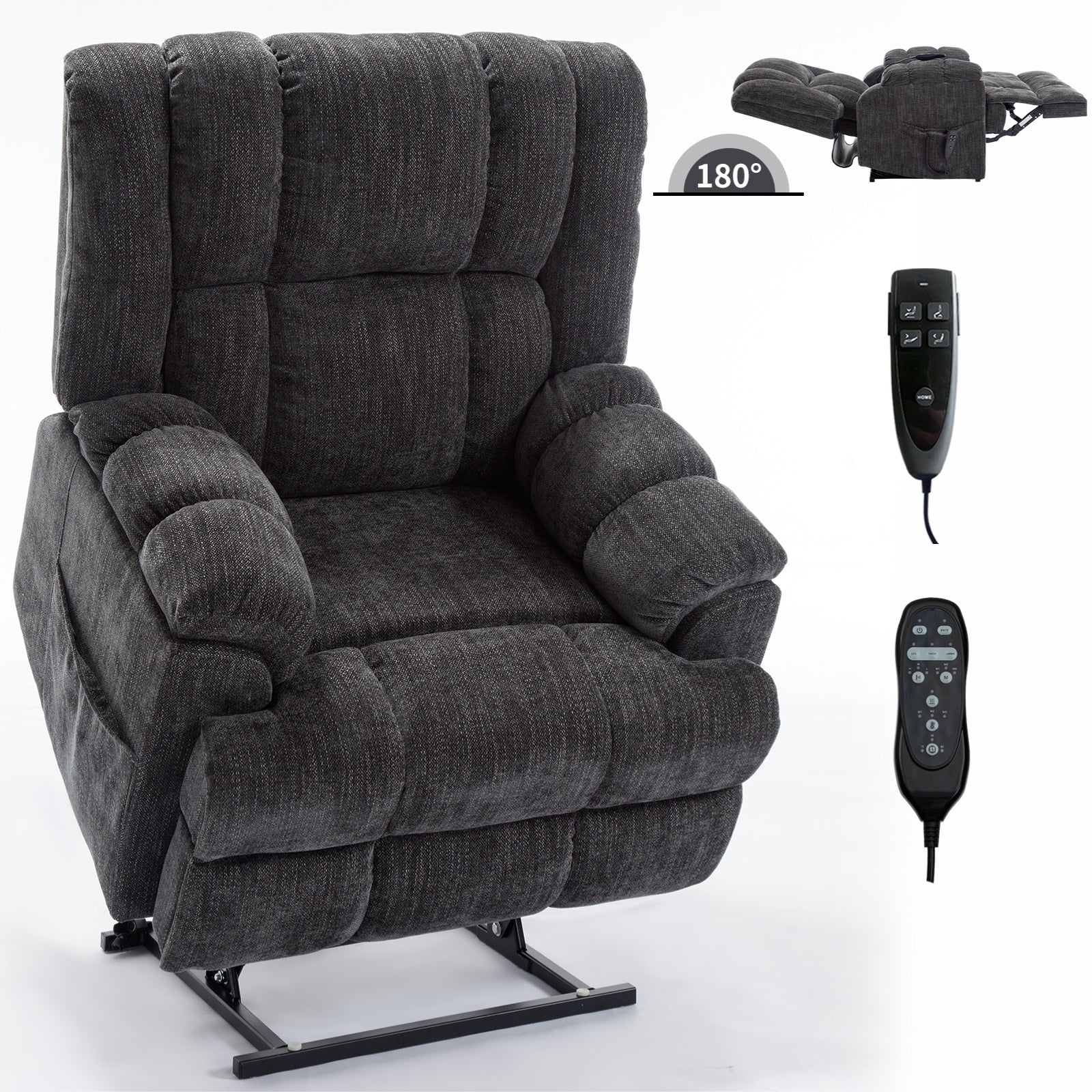 Dual Motor Heat Massage Infinite Position Up To 350 Lbs Electric Power Lift Recliners With Power Remote, Medium Firm And Heavy Duty, Grey White Metal Primary Living Space Heavy Duty Pine Grey Chenille Power Remote Medium Firm Cushion Back American Design