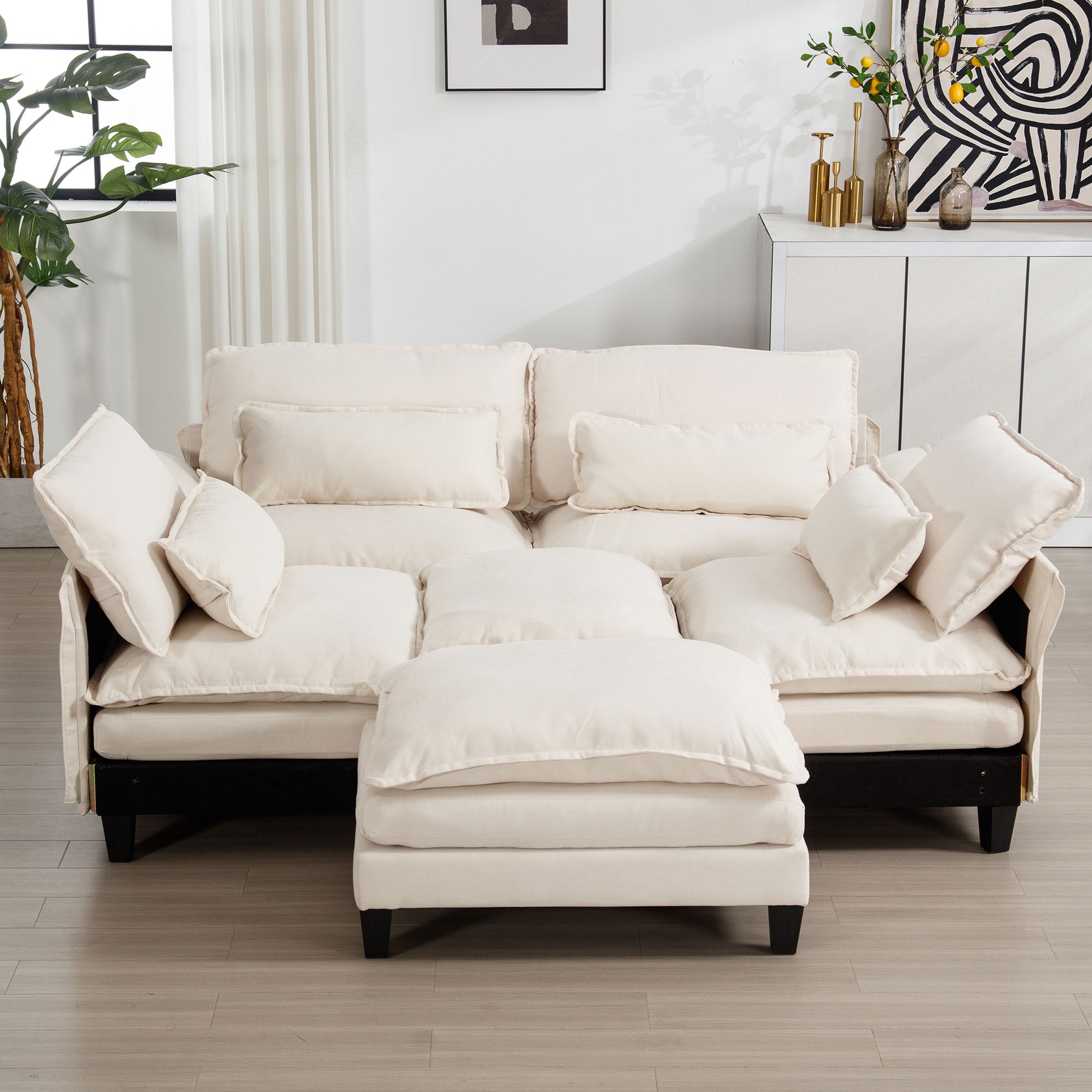 154.8" Oversized Modular Sofaice Velvet Large U Shaped Couch Comfy Upholstered 4 Seat Sofa With 2 Ottoman, 4 Lumbar Pillow, Deep Seat Couch For Living Room Beige Wood Primary Living Space Modern Foam Polyester 6 Seat