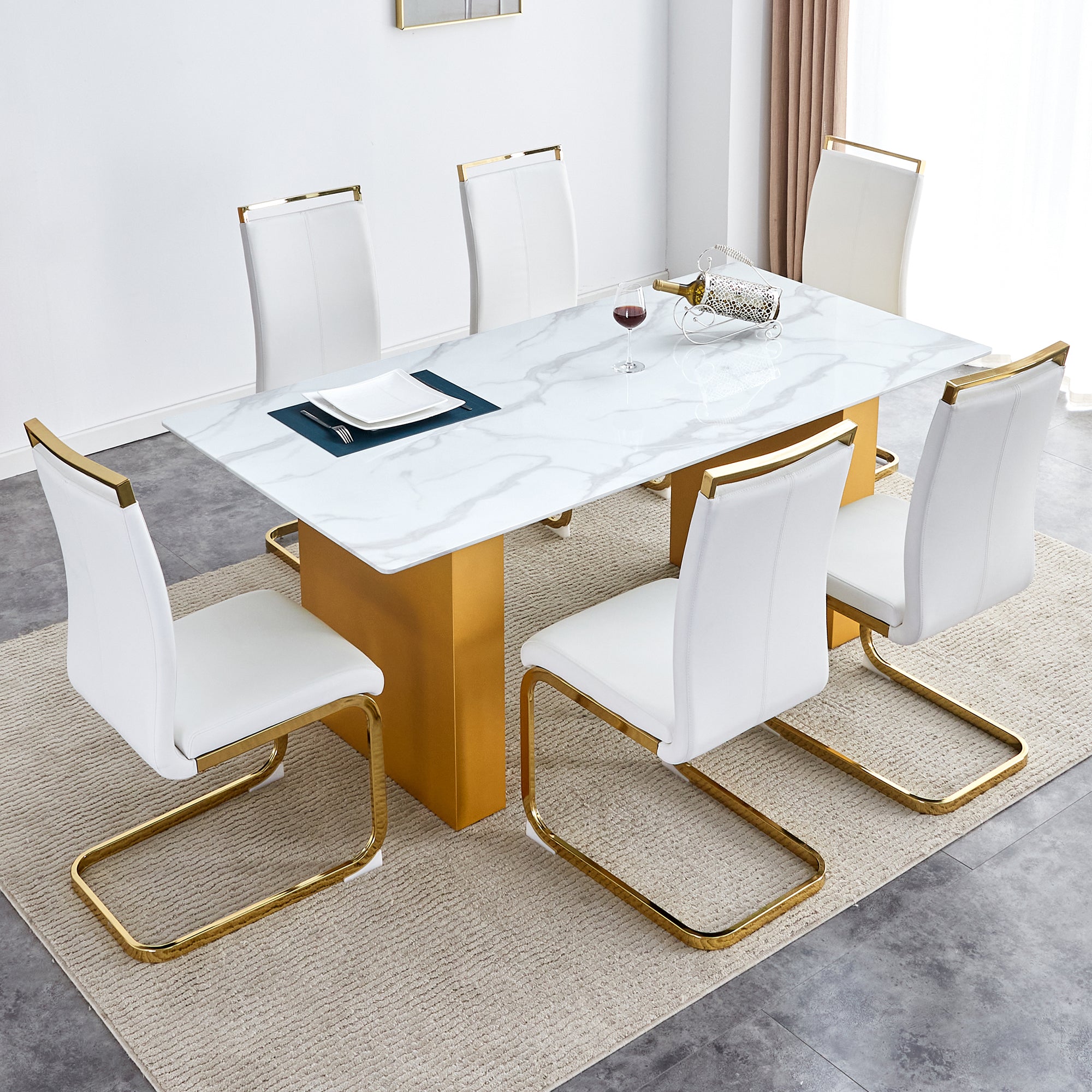 Table And Chair Set.Large Modern Rectangular Table With 0.4 Inch Patterned Glass Tabletop And Large Mdf Table Legs.Comes With 6 Chairs With Faux Leather Cushioned Seats And Golden Metal Legs. Gold White Seats 6 Mdf Glass