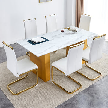 Table And Chair Set.Large Modern Rectangular Table With 0.4 Inch Patterned Glass Tabletop And Large Mdf Table Legs.Comes With 6 Chairs With Faux Leather Cushioned Seats And Golden Metal Legs. Gold White Seats 6 Mdf Glass
