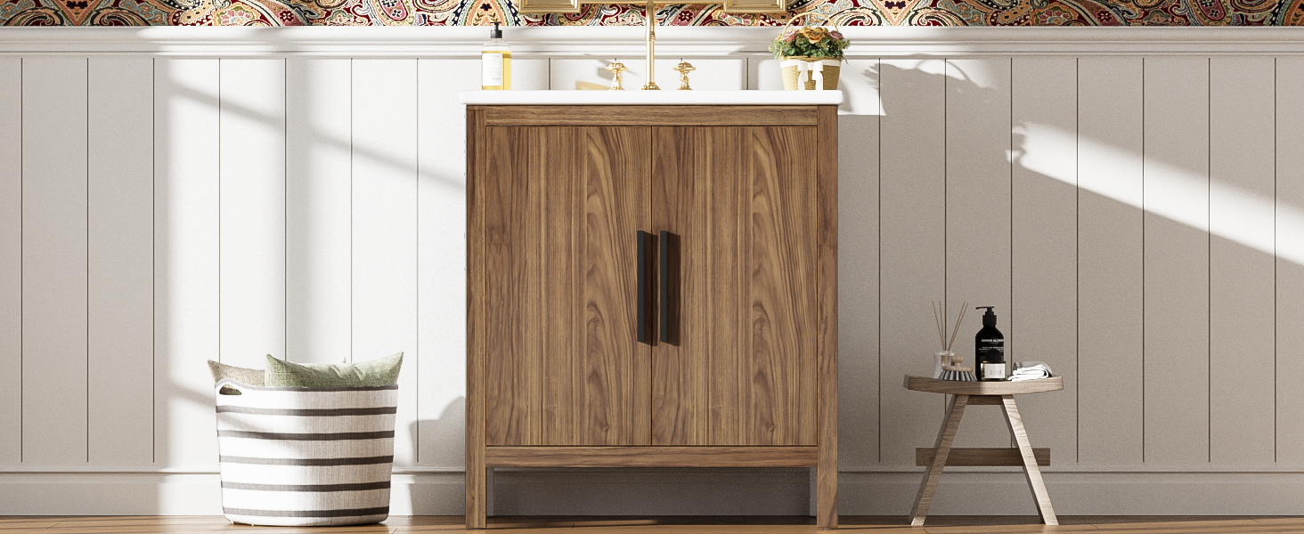 30" Wood Color Bathroom Vanity With Single Sink, Combination Under Counter Sink, Bathroom Storage Cabinet With Soft Closing Door, Multi Function Storage, Solid Wood Frame Wood Bathroom Solid Wood Mdf
