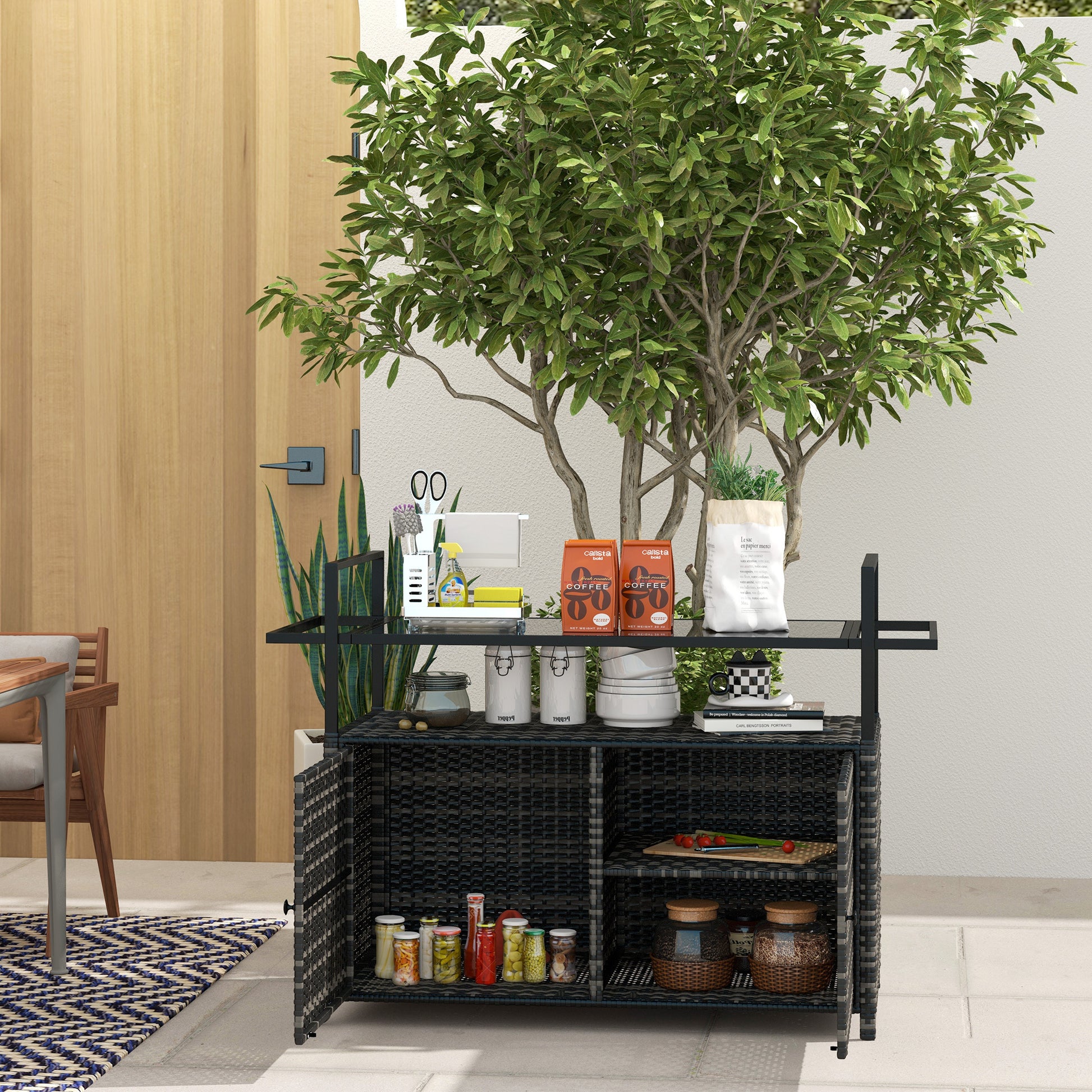 Outsunny Pe Rattan Outdoor Bar Table, Outdoor Kitchen Island With 2 Tier Shelf & Cabinet, Patio Serving Cart With Glass Top, Handles, Towel Racks For Poolside, Garden, Mixed Gray Gray Steel