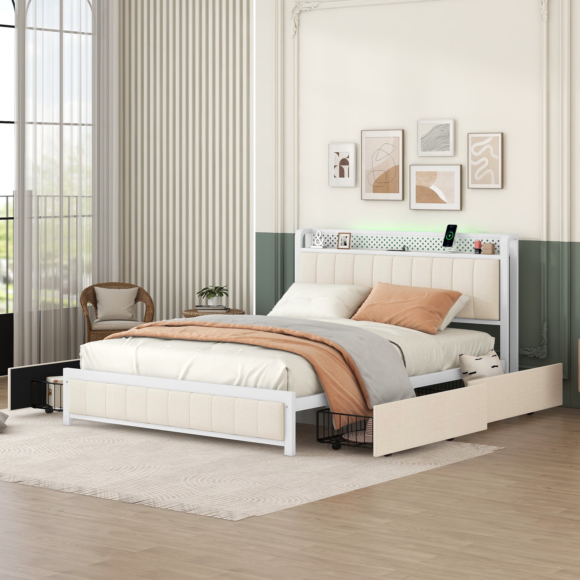 Queen Bed Frame With Led Headboard, Upholstered Bed With 4 Storage Drawers And Usb Ports, Beige Queen Beige Linen