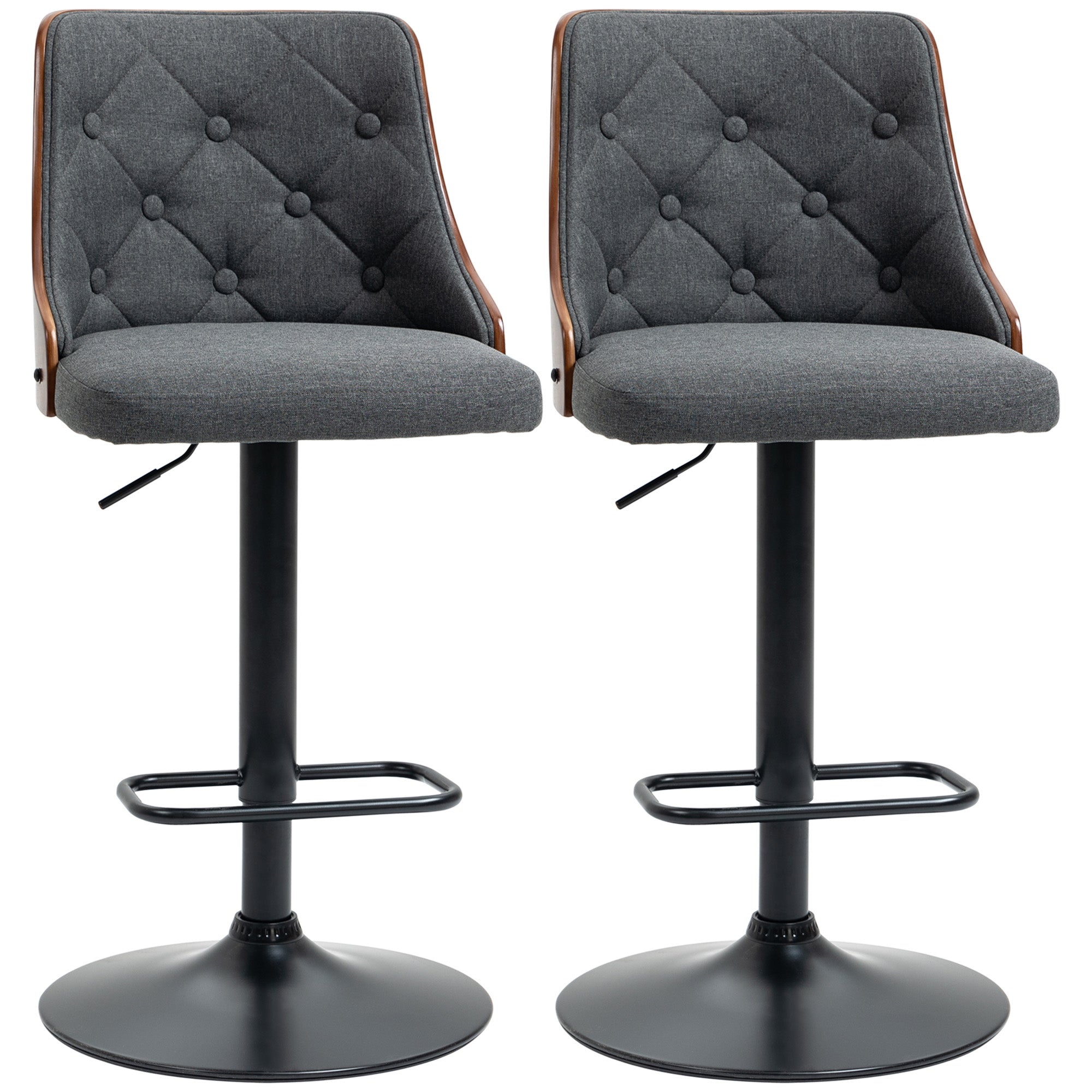 Homcom Counter Height Bar Stools Set Of 2, Height Adjustable Swivel Barstools With Footrest And Tufted Back, Linen Fabric Bar Chairs, Dark Grey Dark Grey Wood
