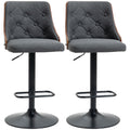 Homcom Counter Height Bar Stools Set Of 2, Height Adjustable Swivel Barstools With Footrest And Tufted Back, Linen Fabric Bar Chairs, Dark Grey Dark Grey Wood