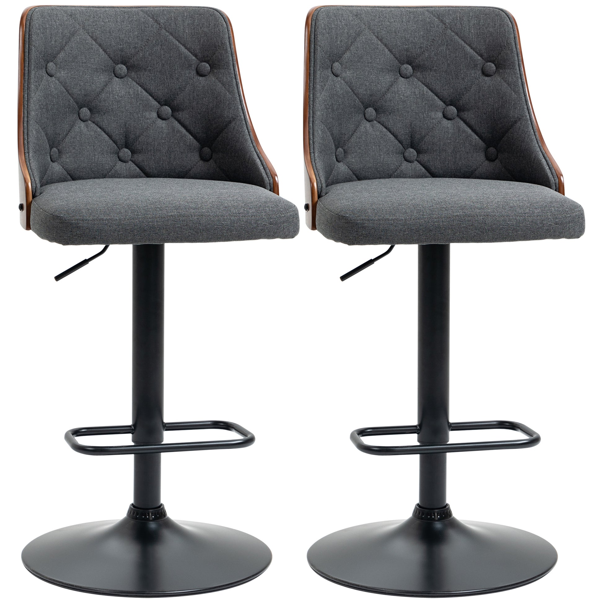 Homcom Counter Height Bar Stools Set Of 2, Height Adjustable Swivel Barstools With Footrest And Tufted Back, Linen Fabric Bar Chairs, Dark Grey Dark Grey Wood