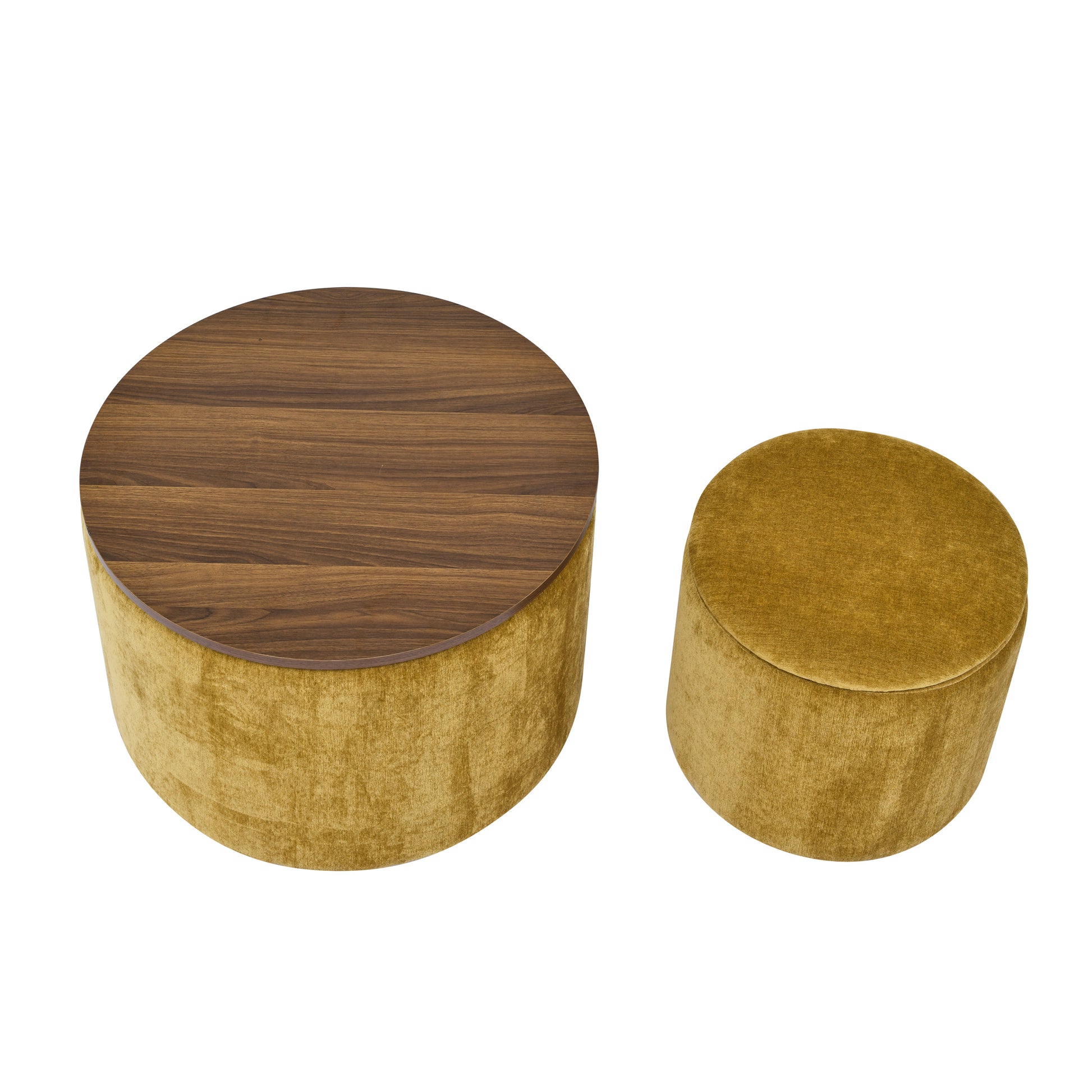 2 Piece Set Round Chenille Storage Ottoman, Equipped With A Drum Shaped Small Stool, Storage Space, And Mdf Made Desktop Panel Dark Yellow 23.62"X23.62"X16.53" Dark Yellow Chenille
