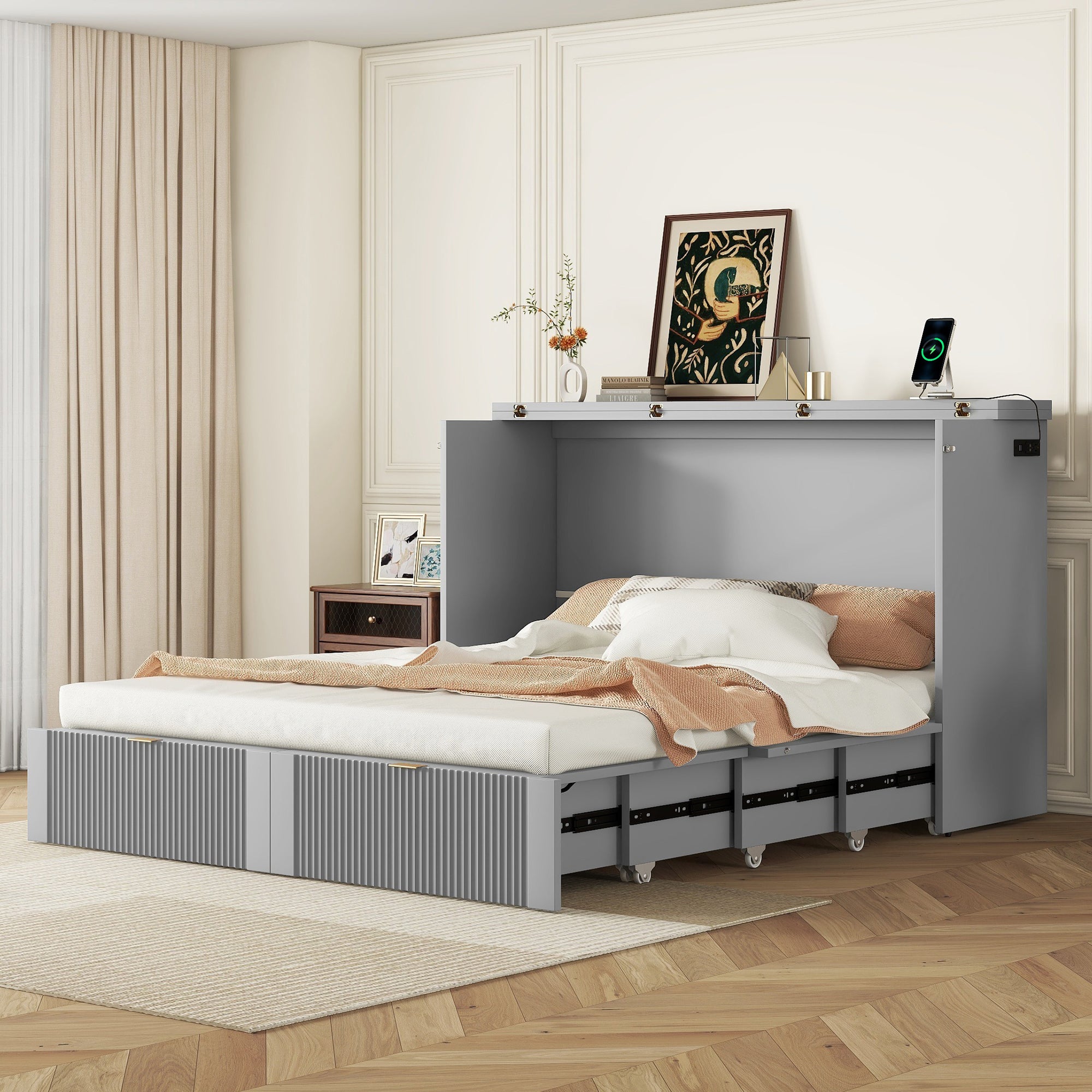 Queen Size Murphy Bed Wall Bed With Drawer And A Set Of Sockets & Usb Ports, Pulley Structure Design, Gray Queen Gray Plywood