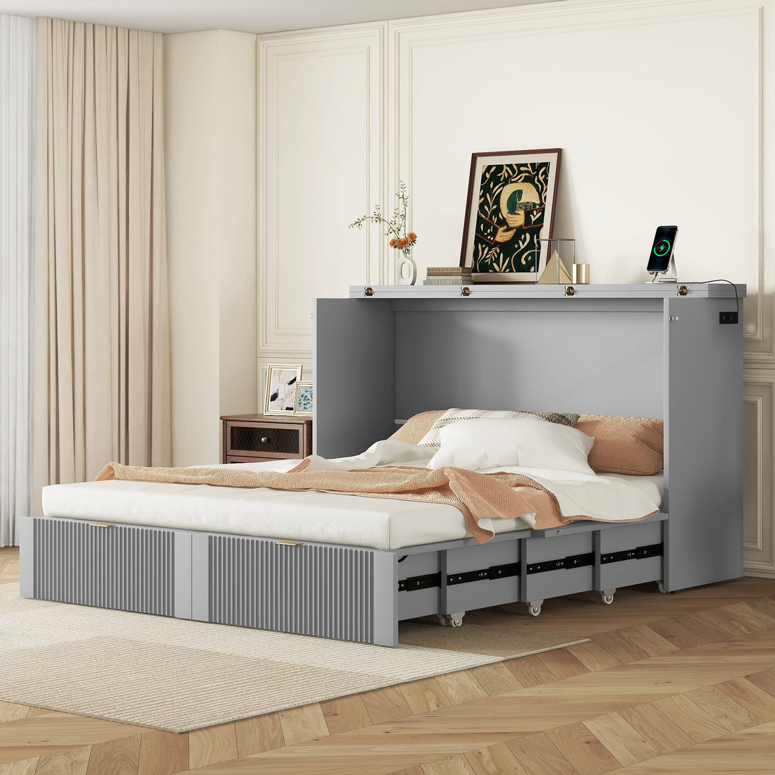 Queen Size Murphy Bed Wall Bed With Drawer And A Set Of Sockets & Usb Ports, Pulley Structure Design, Gray Queen Gray Plywood
