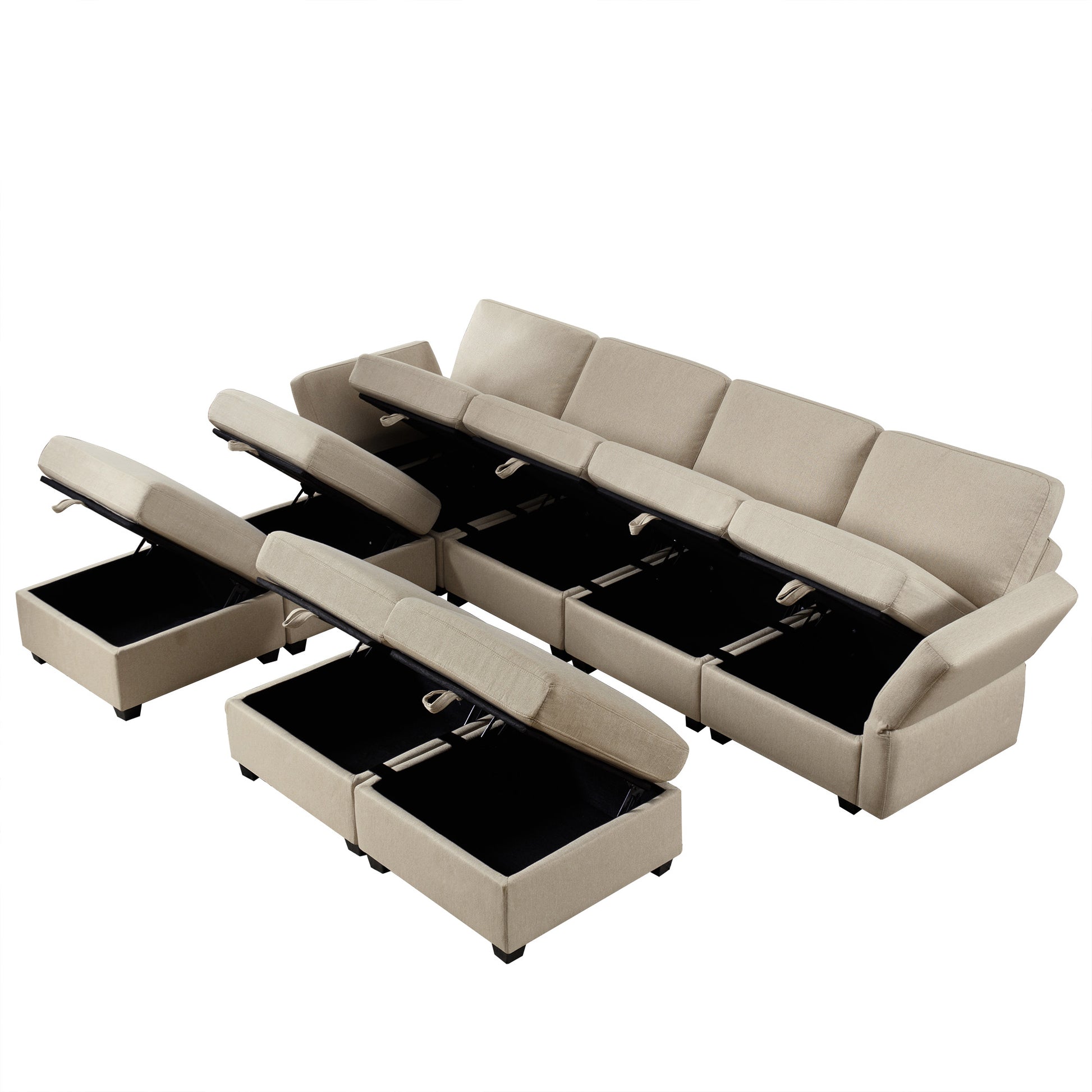 Adjustable Arms And Backs Sectional Sofa, Modern Sectional Couch U Shaped Sofa Couch With Storage Ottoman, Sofa With Convertible Chaise Beige Beige Polyester 4 Seat