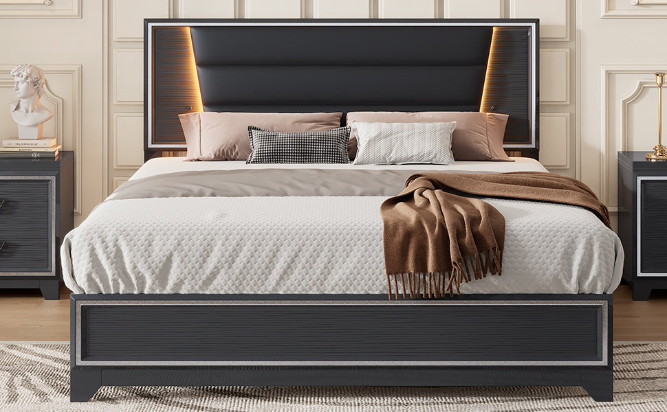 Queen Size Pu Upholstered Bed, Headboard With Led Light Strips And Sparkling Shiny Decoration, No Box Spring Required, Black Queen Black Pu