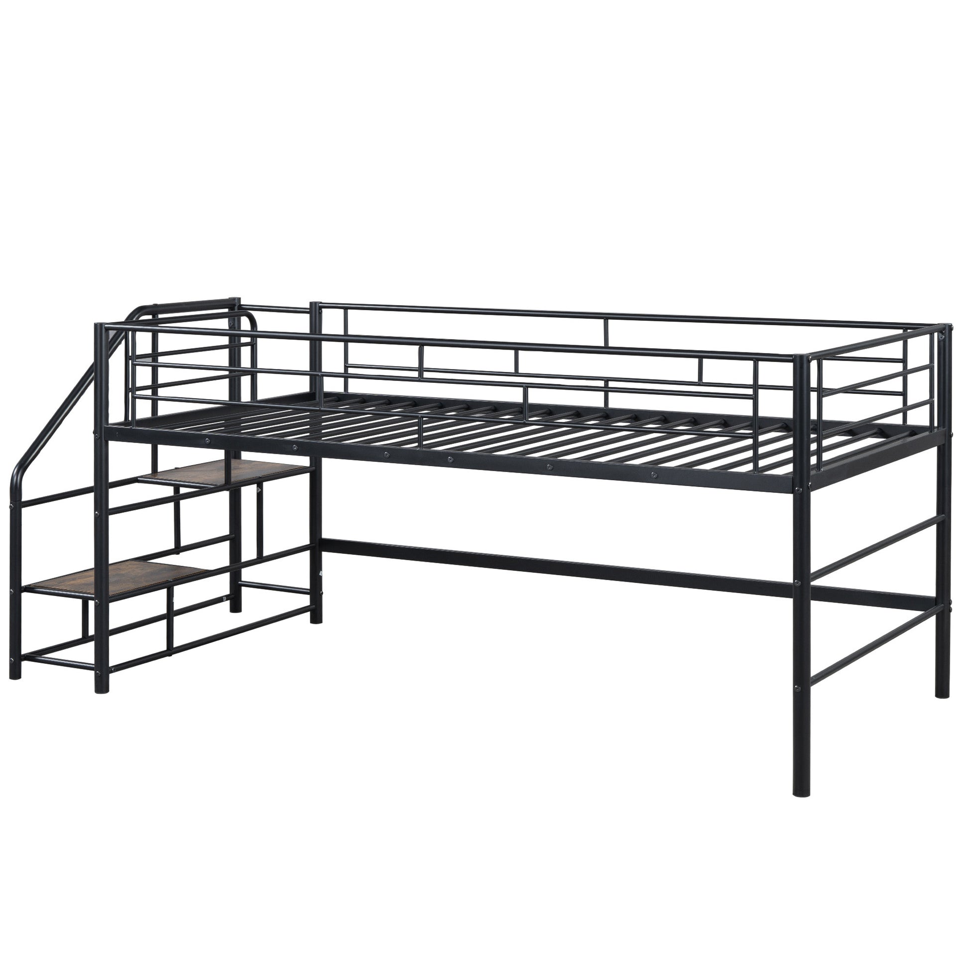 Mid Loft Bed With Storage Stairs, Twin, Black Twin Black Mdf Metal