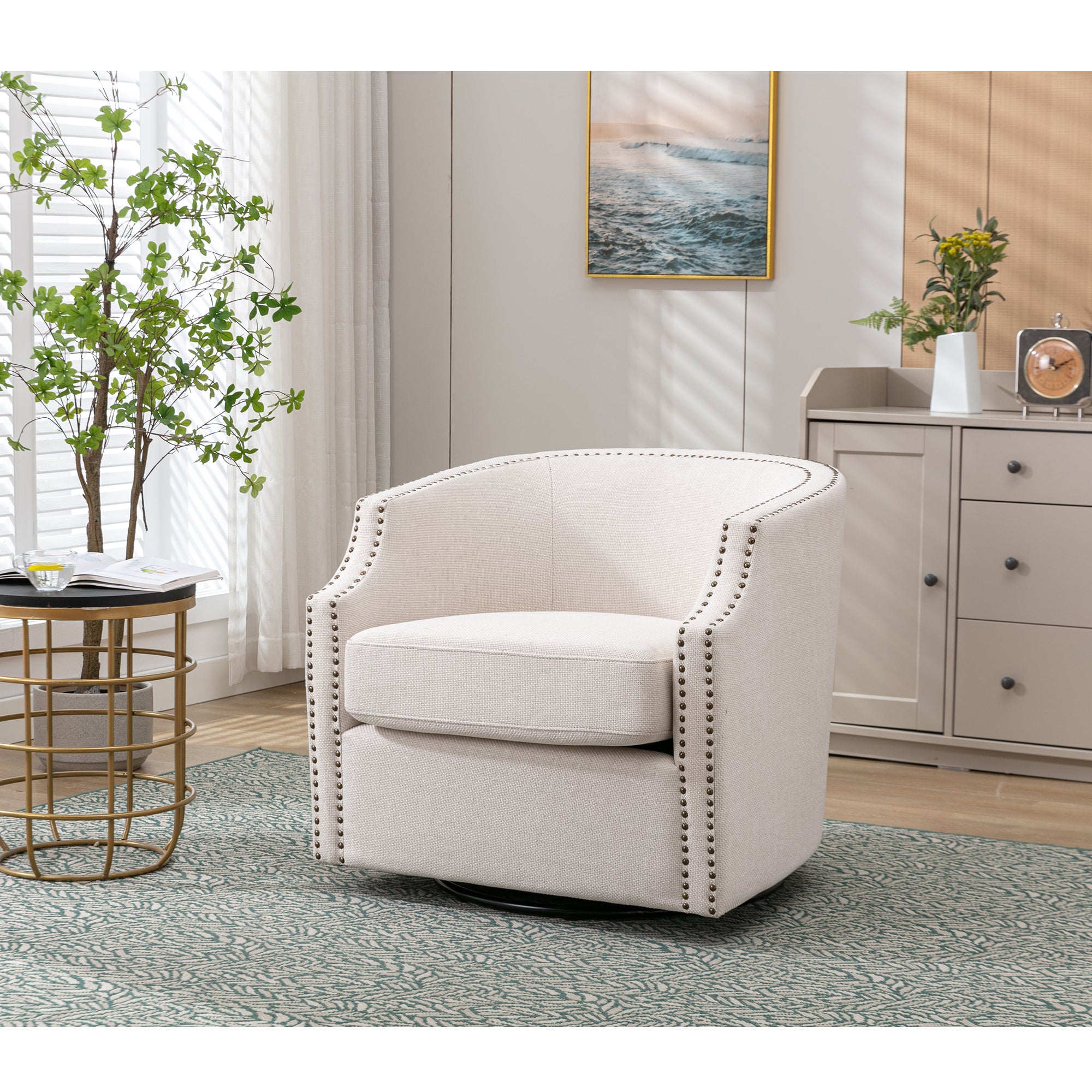 Coolmore Swivel Chair Living Room Chair Beige Foam Linen