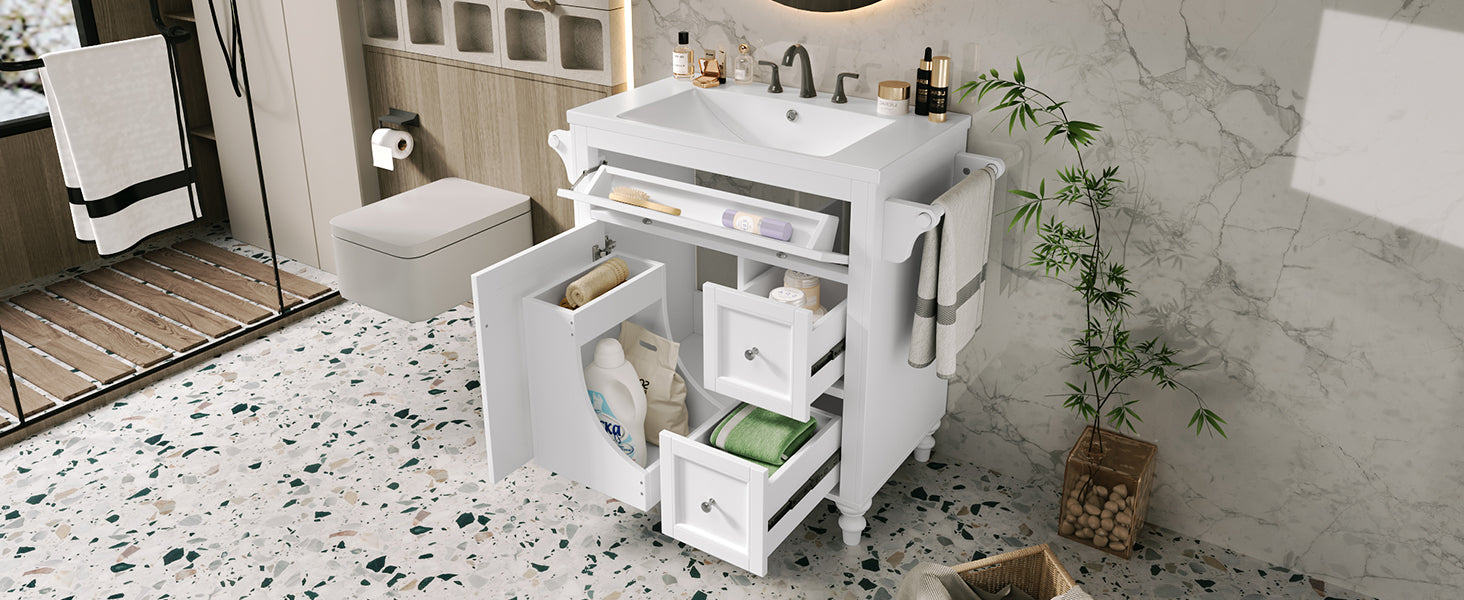 30'' Bathroom Vanity With Top Sink, Modern Bathroom Storage Cabinet With 2 Drawers And A Tip Out Drawer, Single Sink Bathroom Vanity Same As Sw000143Aak White Bathroom Modern Solid Wood Mdf Resin