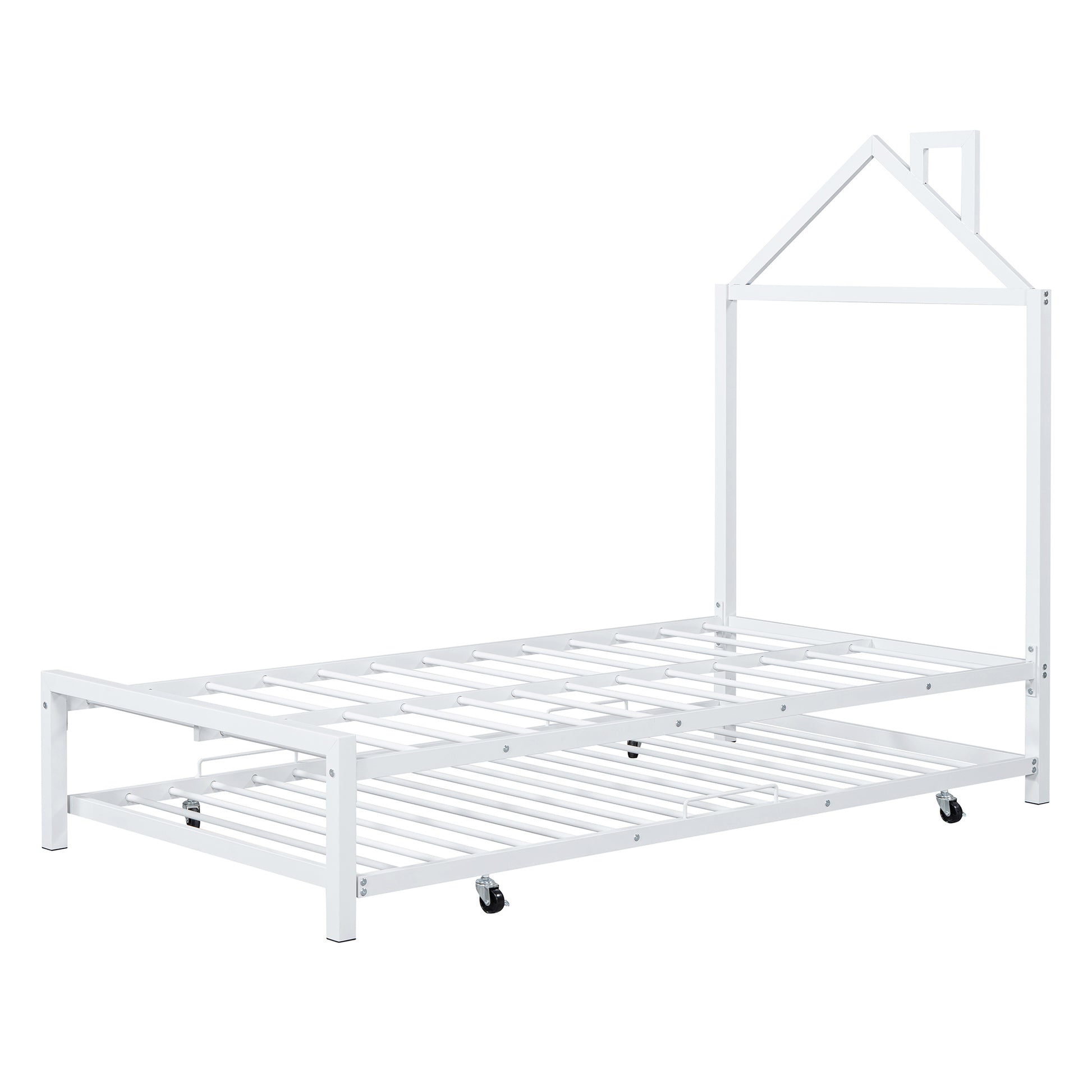 Twin Size Metal Platform Bed With Twin Size Trundle,House Shaped Headboard Design, White Twin White Metal
